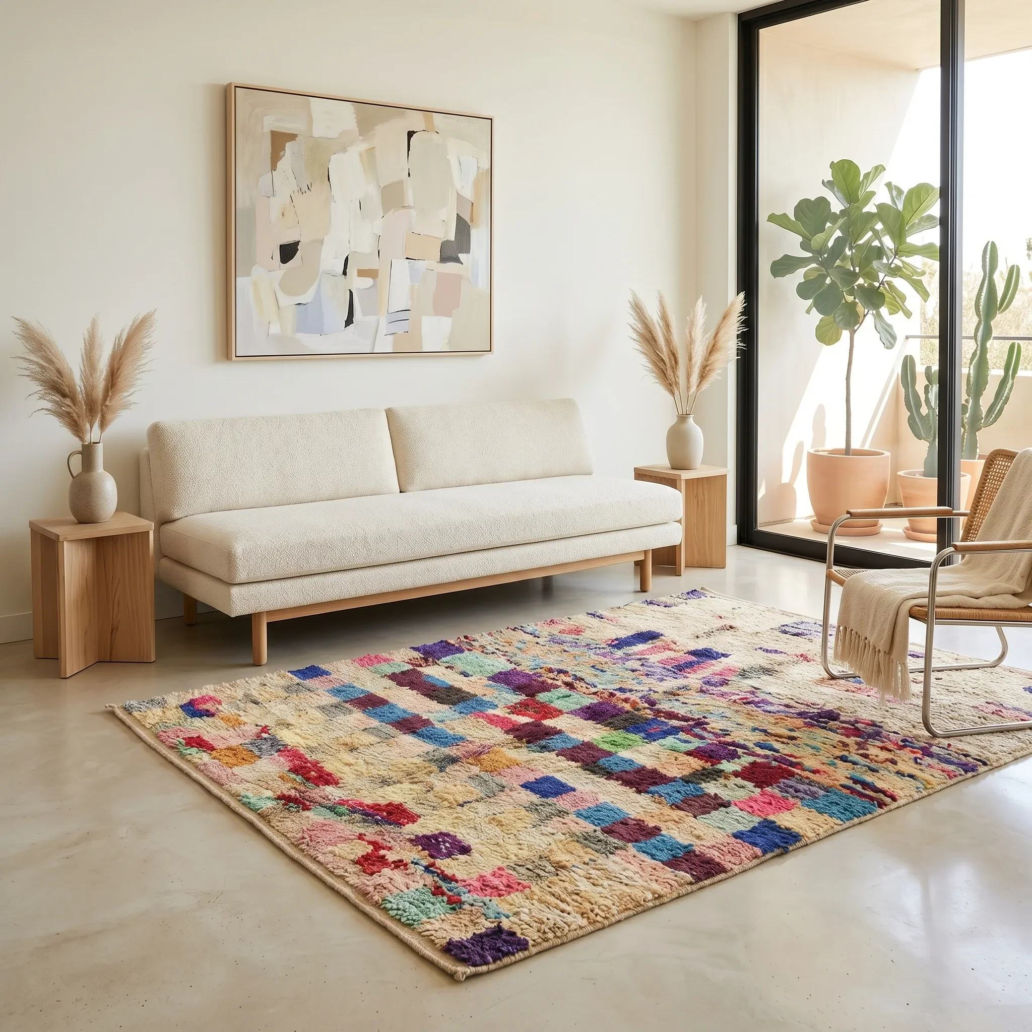 Colorful abstract area rug on a polished concrete floor with a cream sofa, two small wooden side tables, potted green plants, and a large window with a balcony.