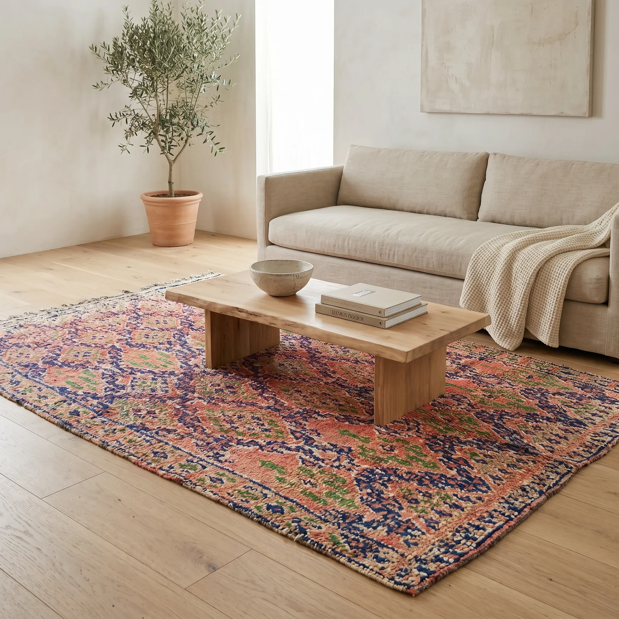 Living room with beige sofa, potted plant, colorful patterned rug, and coffee table with books.