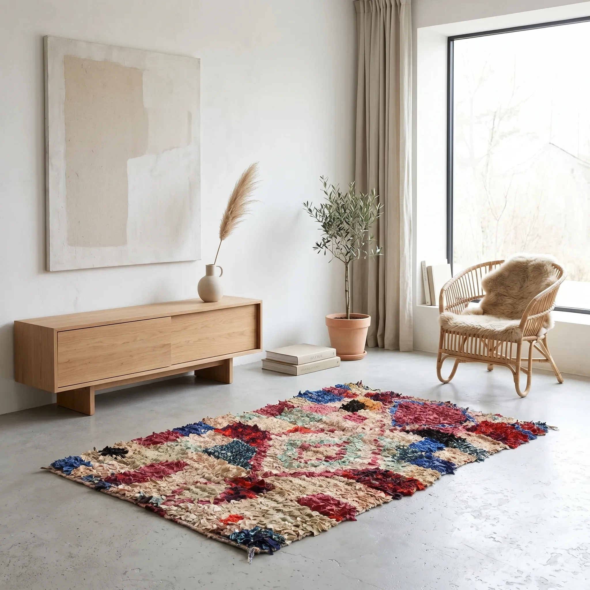 Colorful patchwork rug on a light-colored floor in a minimalist room with a wooden sideboard, a potted plant, and a large window with beige curtains.