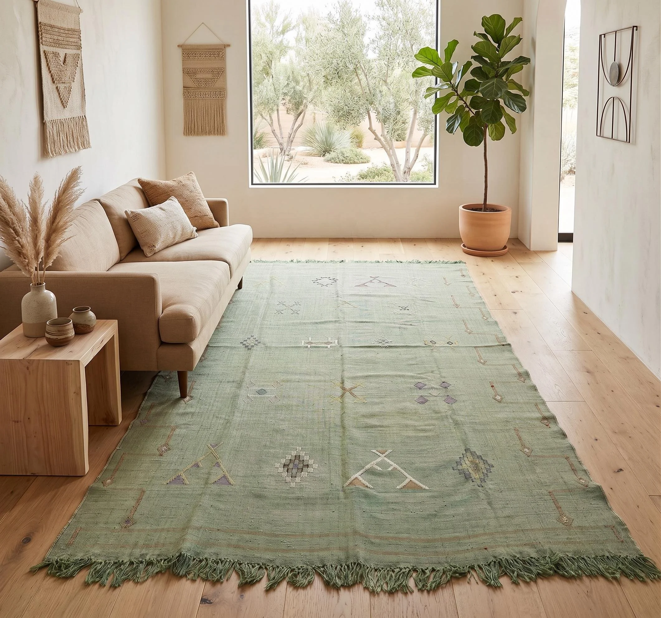 A green area rug with geometric and diamond patterns lies on light wooden floor in a room with cream walls. A large window shows outdoor trees and desert plants. A beige sofa with throw pillows is on the left, and decorative wall hangings and a potte