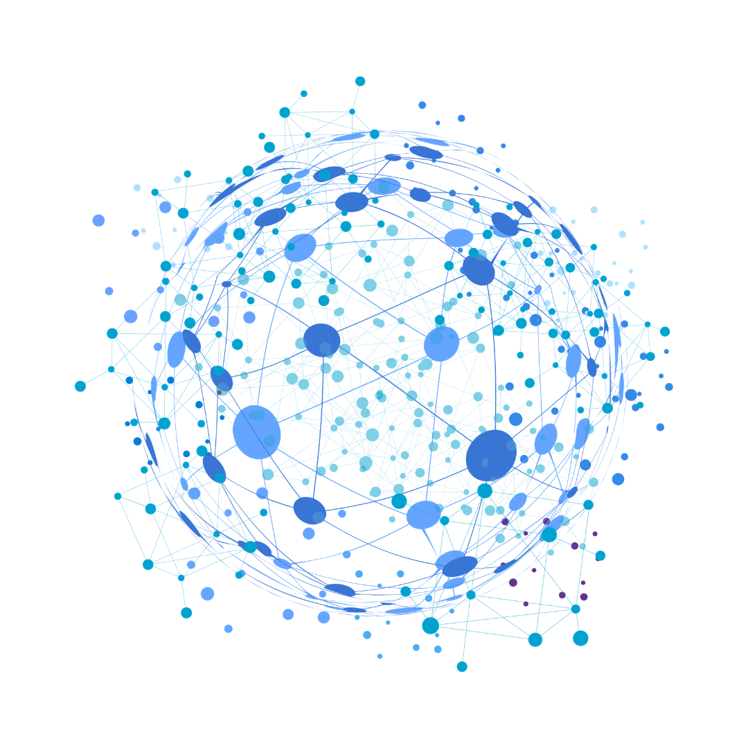 Digital illustration of a spherical network of interconnected blue nodes and lines on a black background, representing data or technology interconnectedness.