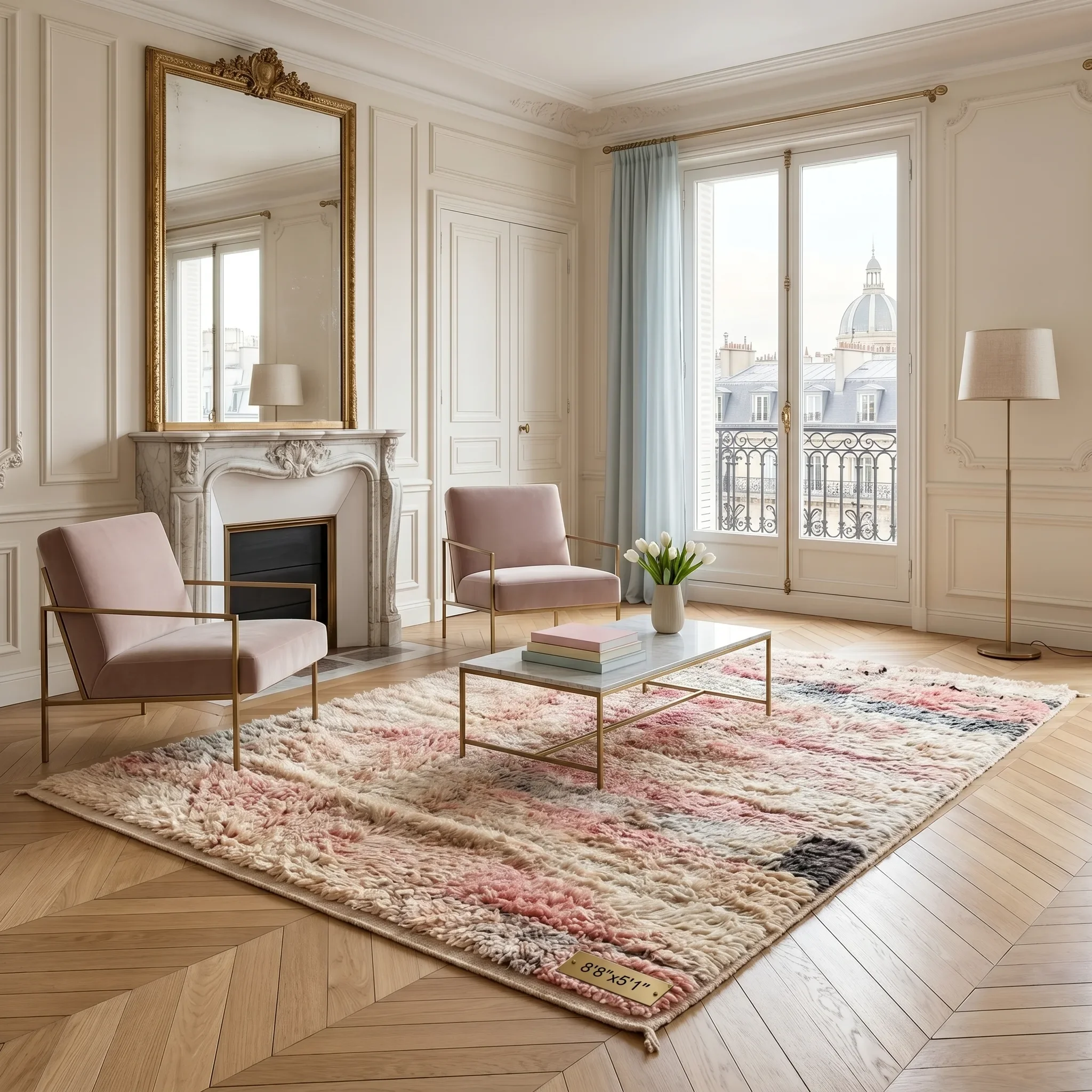A plush, patterned area rug with pink, beige, and black colors, covering a wooden floor in a well-lit living room. The rug measurements are 8'8"x5'11".