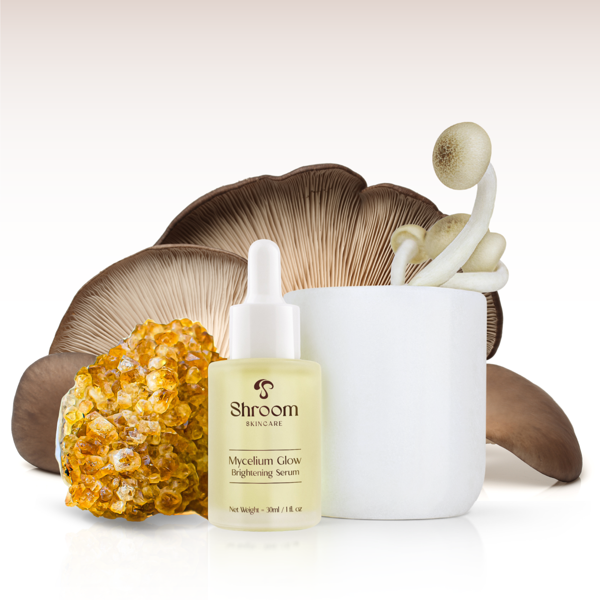 Skincare products including a bottle of Shroom Mycelium Glow Brightening Serum, a white cosmetic jar, mushrooms, and a honeycomb.