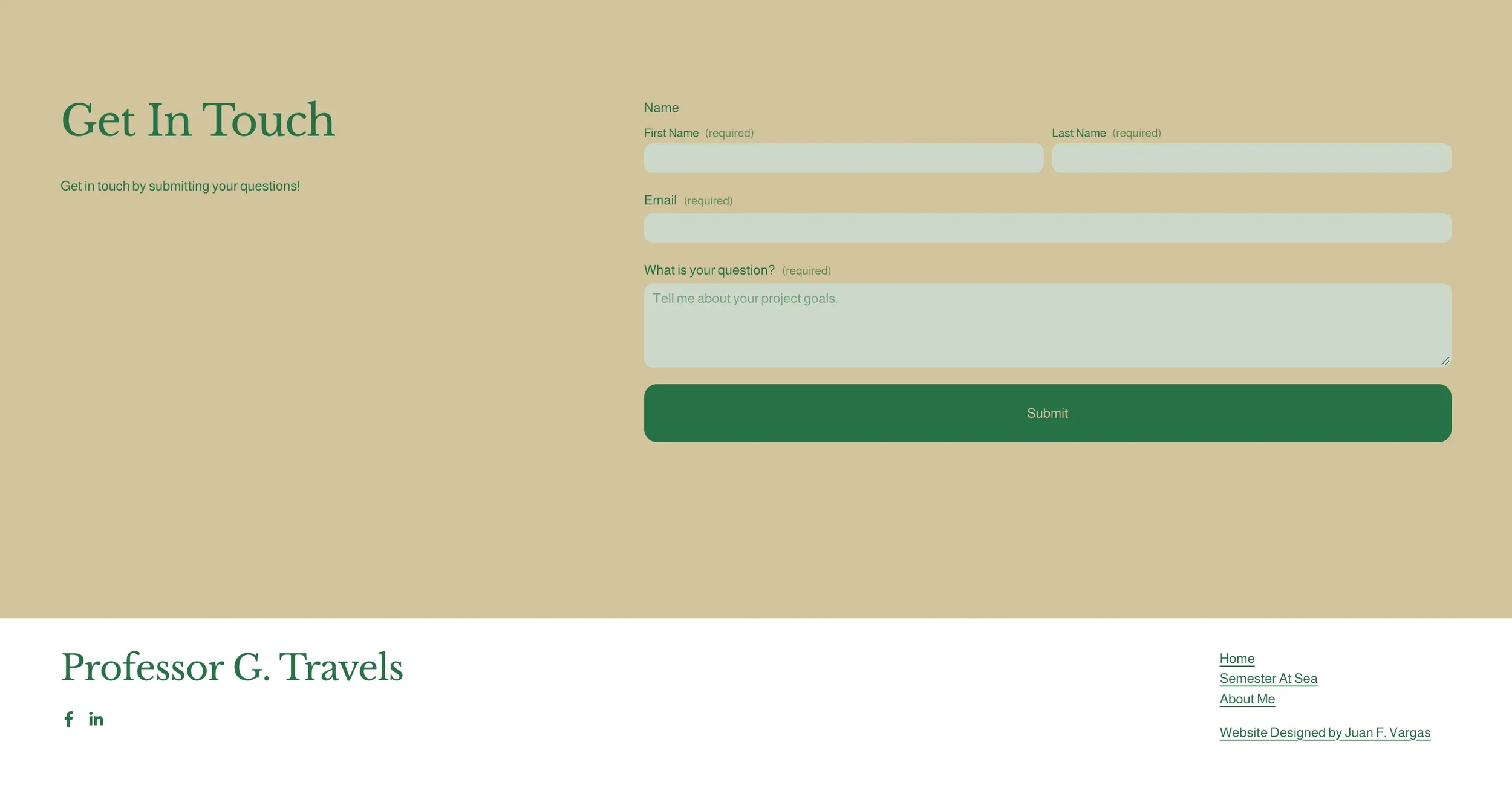 Website contact form on a beige background with fields for name, email, and question, and a green submit button, alongside a section with the name 'Professor G. Travels' and social media icons.