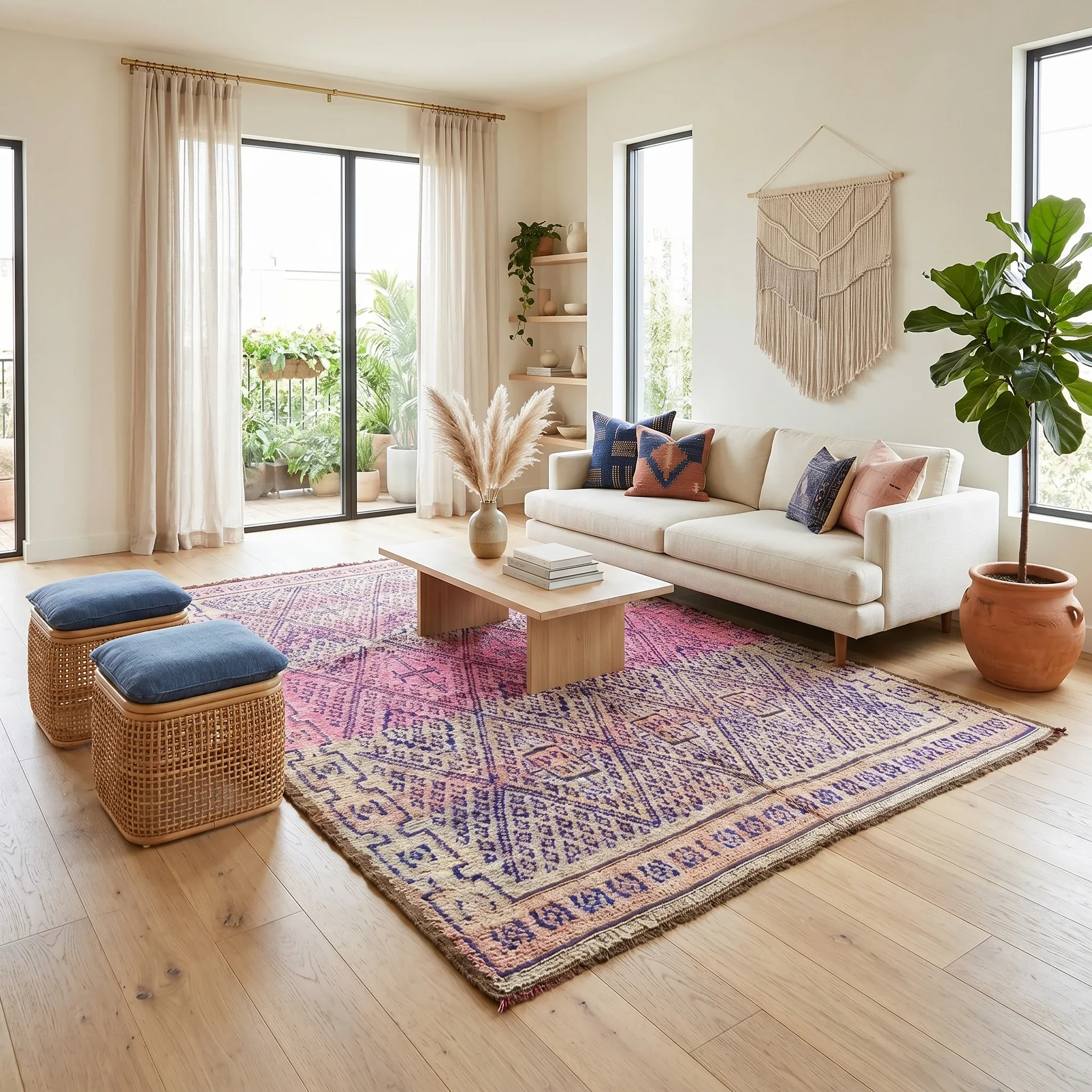 Living room with large window, beige curtains, potted plants, woven wall hanging, patterned area rug, and a cream sofa with decorative pillows.