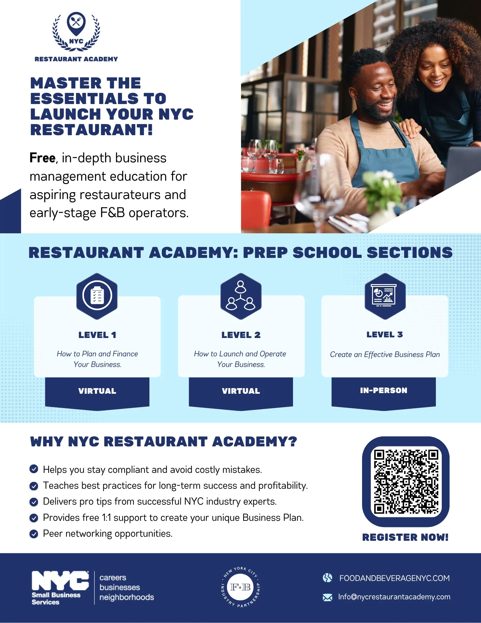 Flyer advertising a free NYC restaurant startup education program with three levels of training: level 1 how to plan and finance a business, level 2 how to launch and operate a business, level 3 how to create an effective business plan. The flyer emphasizes the importance of the program for aspiring restaurateurs and early-stage F&B operators, highlighting benefits such as compliance, best practices, industry insights, support, and networking opportunities. The flyer includes a QR code, contact information, and logos for NYC Small Business Services and industry partnerships.