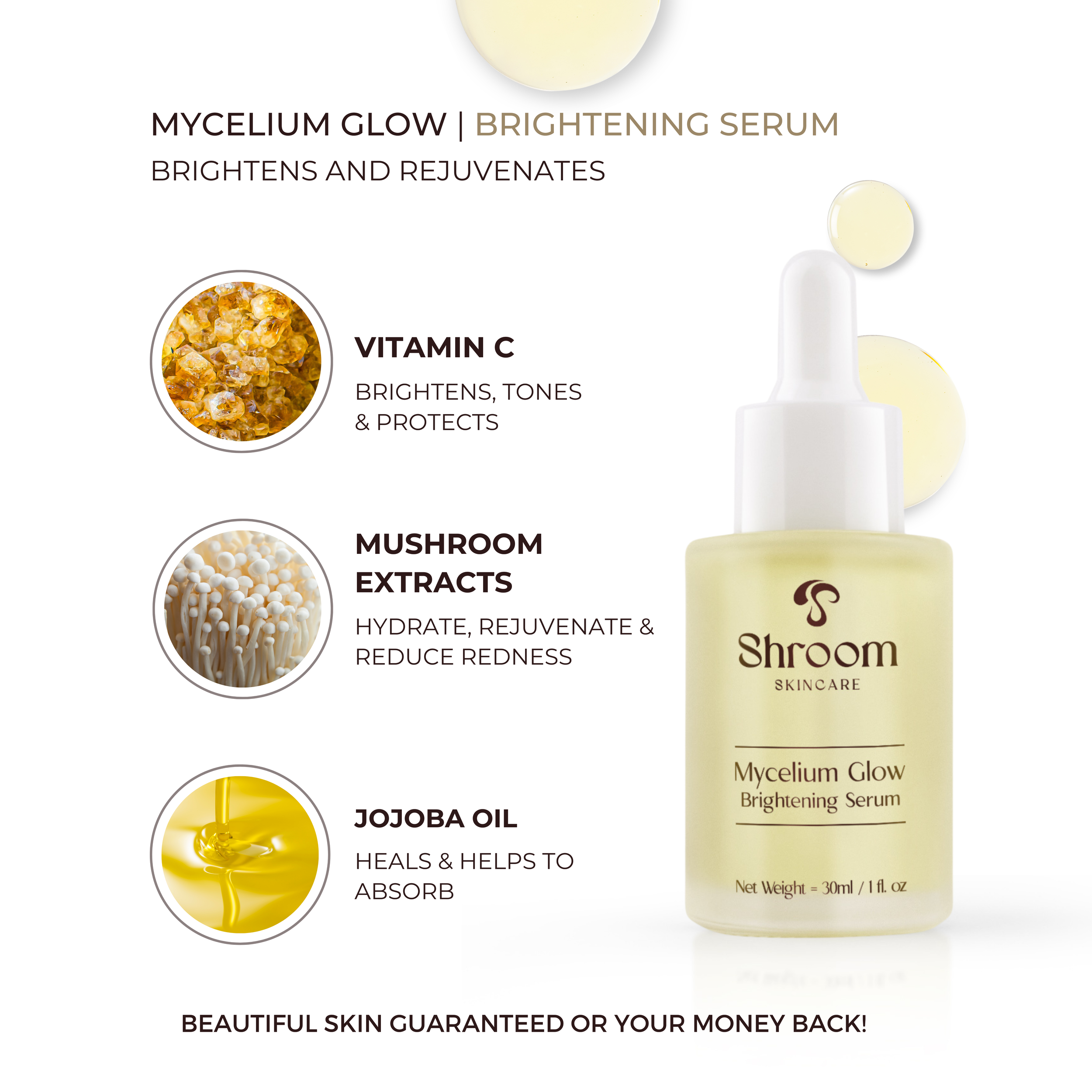 Product packaging for Shroom Skincare Mycelium Glow Brightening Serum with images and descriptions of ingredients including Vitamin C, Mushroom Extracts, and Jojoba Oil.