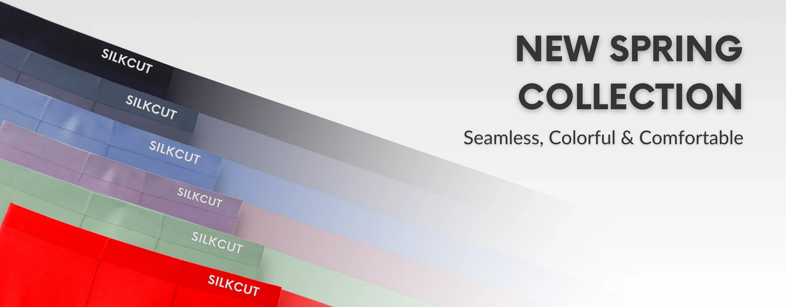 Image of colorful fabric swatches with the label 'SILKCUT' and text that reads 'New Spring Collection, Seamless, Colorful & Comfortable'.