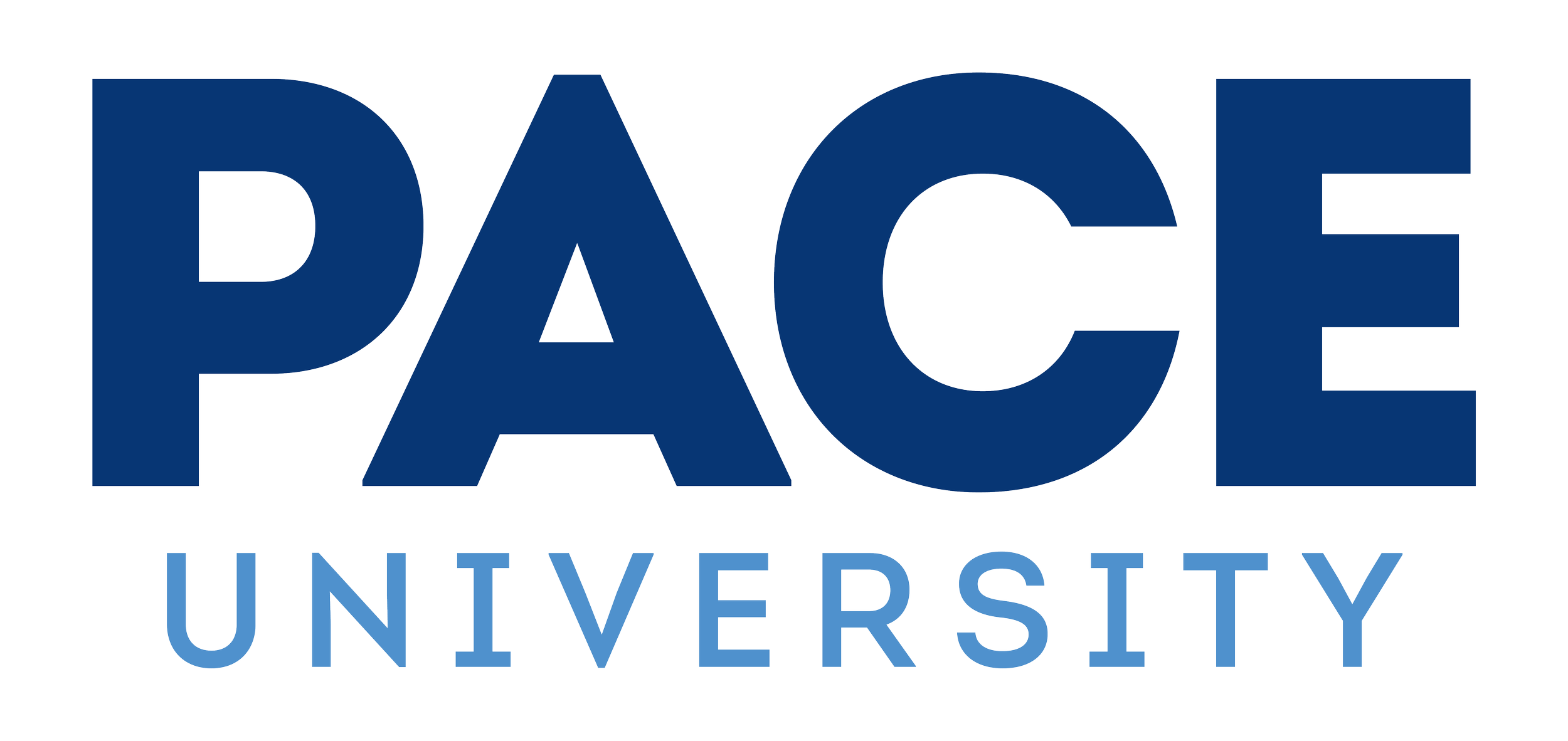 The logo of Pace University featuring the word 'PACE' in large blue letters and 'UNIVERSITY' in smaller light blue letters underneath.