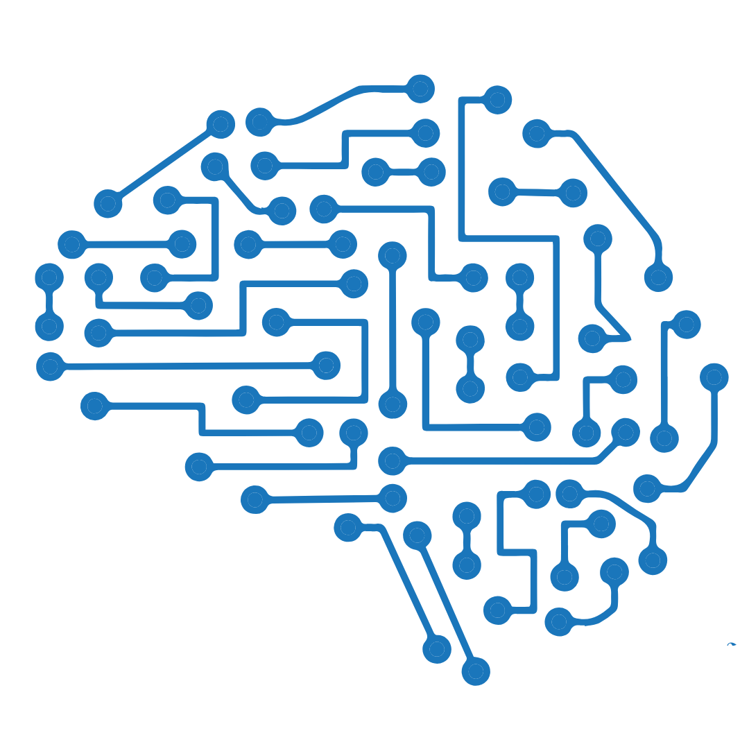 Illustration of a human brain made up of interconnected electronic circuit lines and nodes in blue.