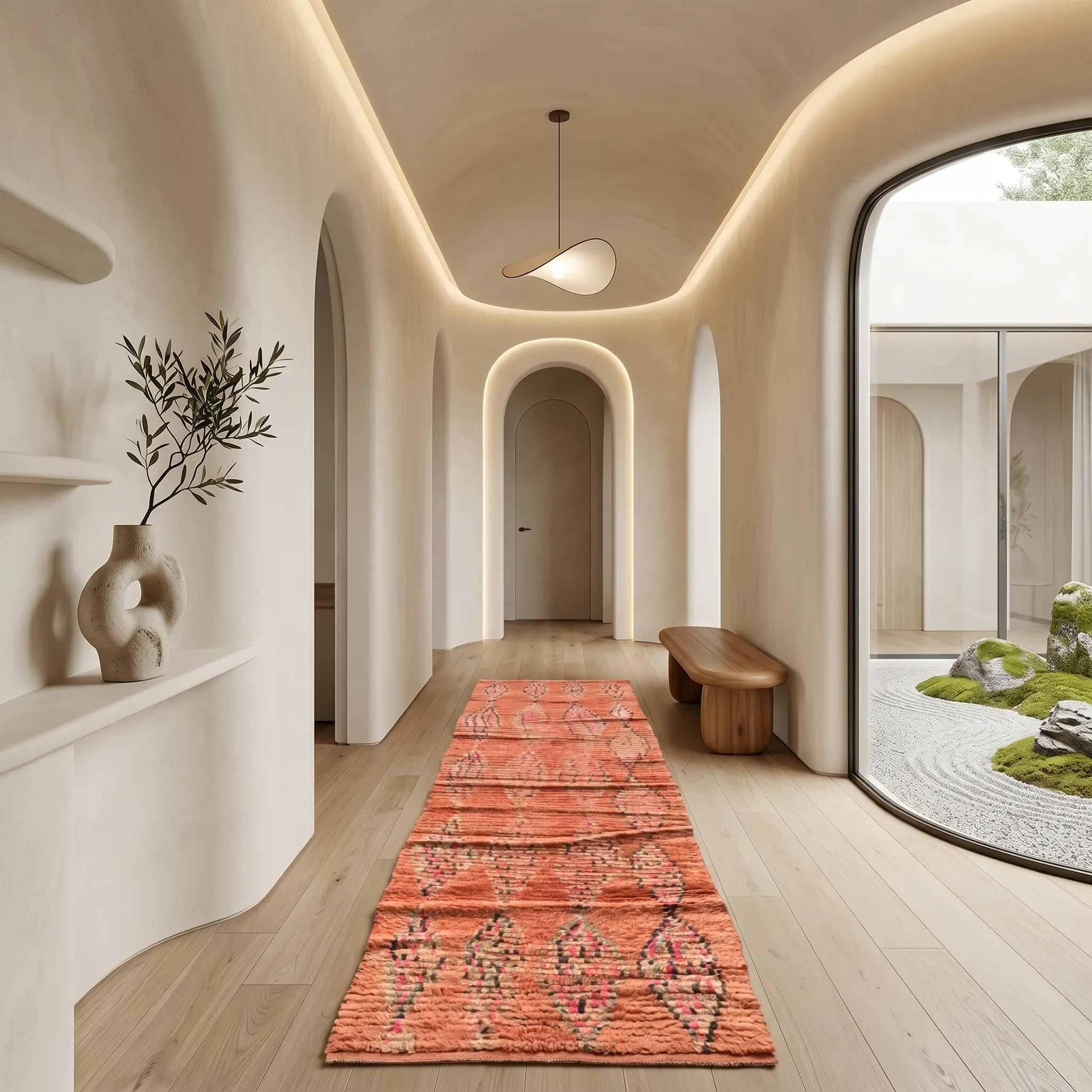 Modern interior hallway with curved ceiling, recessed lighting, colorful patterned rug, wooden bench, and a large window with a view of greenery and outdoor rocks.