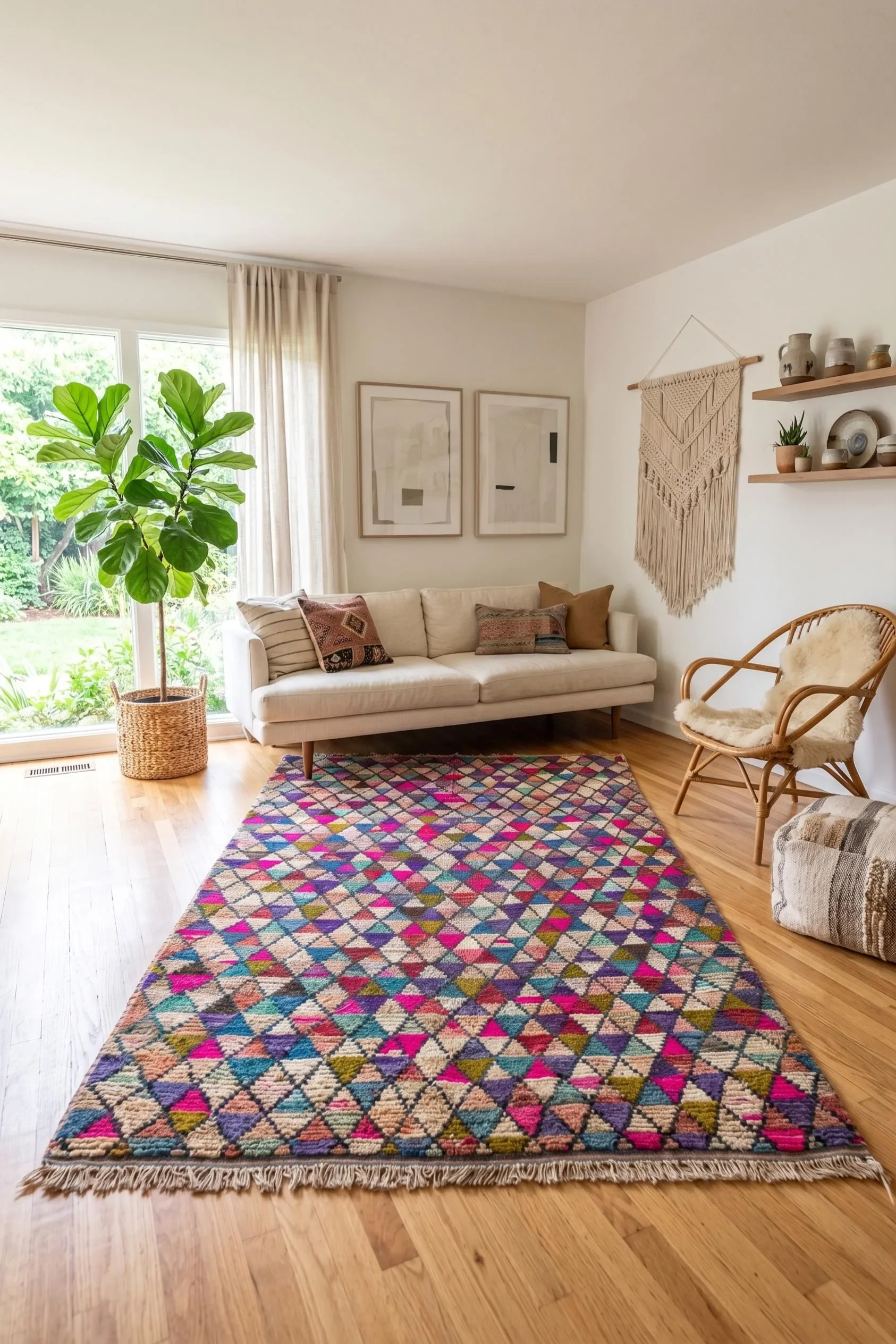 Living room with a colorful geometric patterned rug, white sofa with decorative pillows, large leafy houseplant, wall art, macramé wall hanging, floating shelves with pottery and plants, and wooden flooring.