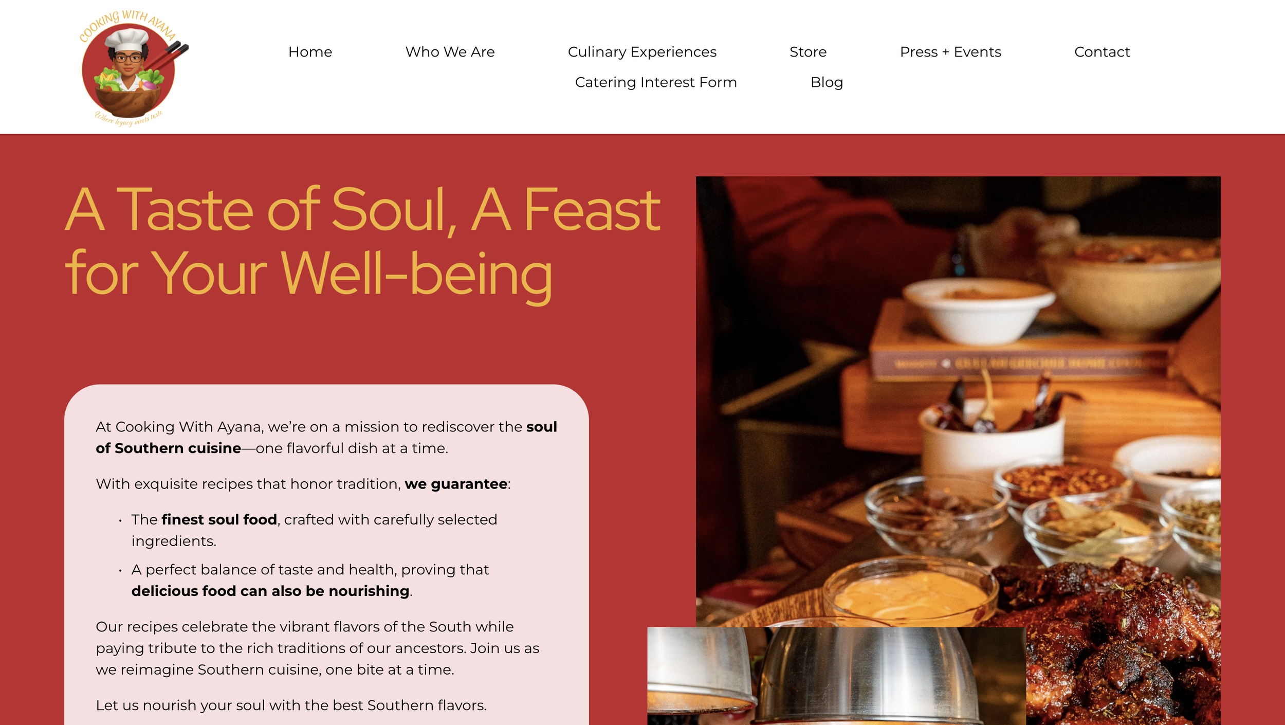 A webpage for Cooking With Ayana featuring an image of dishes and bowls of southern cuisine, with a logo of a woman wearing a chef's hat and glasses in the top left corner.