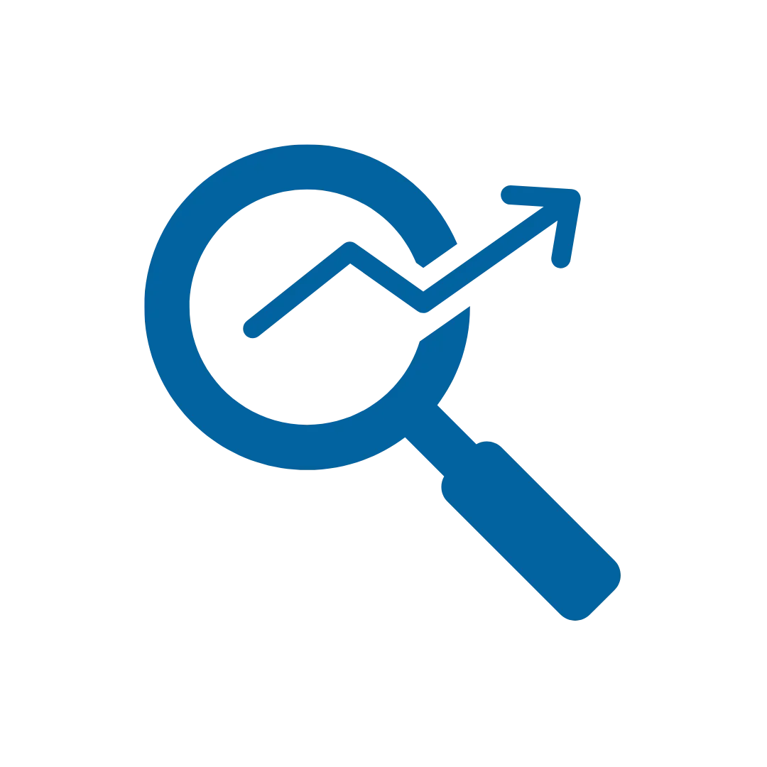 Magnifying glass focusing on an upward trending line graph, representing data analysis and growth.