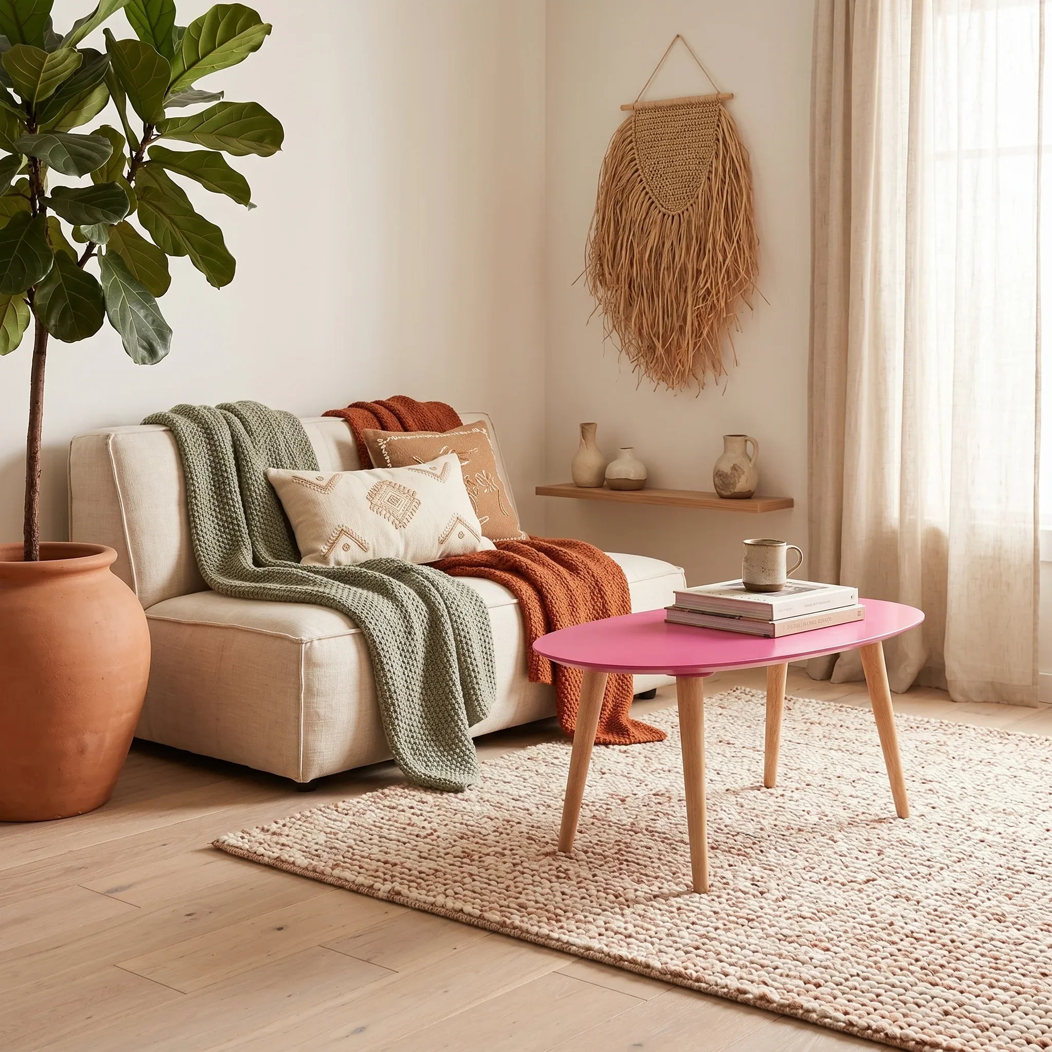 Living room with a beige couch, green and rust-colored throw blankets, decorative pillows, a pink coffee table with books and a mug, a large potted plant, wall art, and a window with sheer curtains.