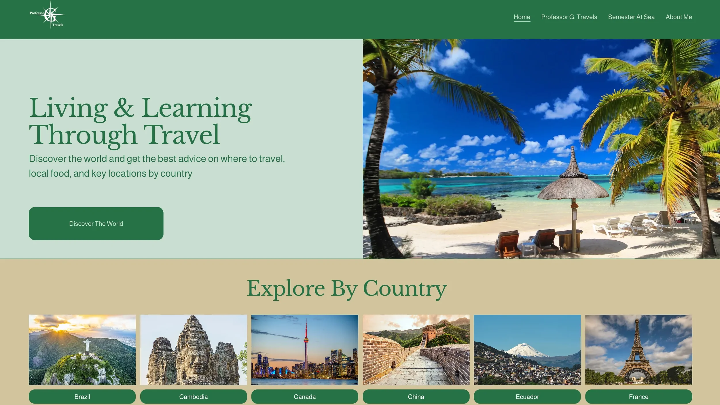Travel website homepage featuring a tropical beach with palm trees, a straw umbrella, lounge chairs, and turquoise water.