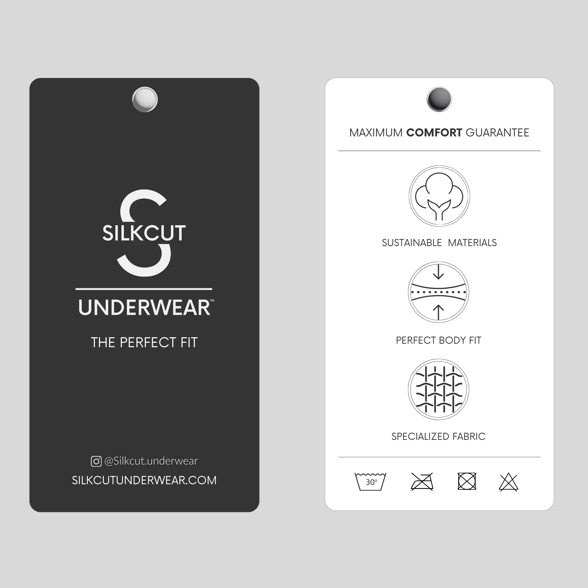 Two clothing tags, one black and one white, from Silkcut Underwear. The black tag features the brand's logo and name, while the white tag emphasizes maximum comfort, sustainable materials, perfect fit, and specialized fabric with icons and washing instructions.