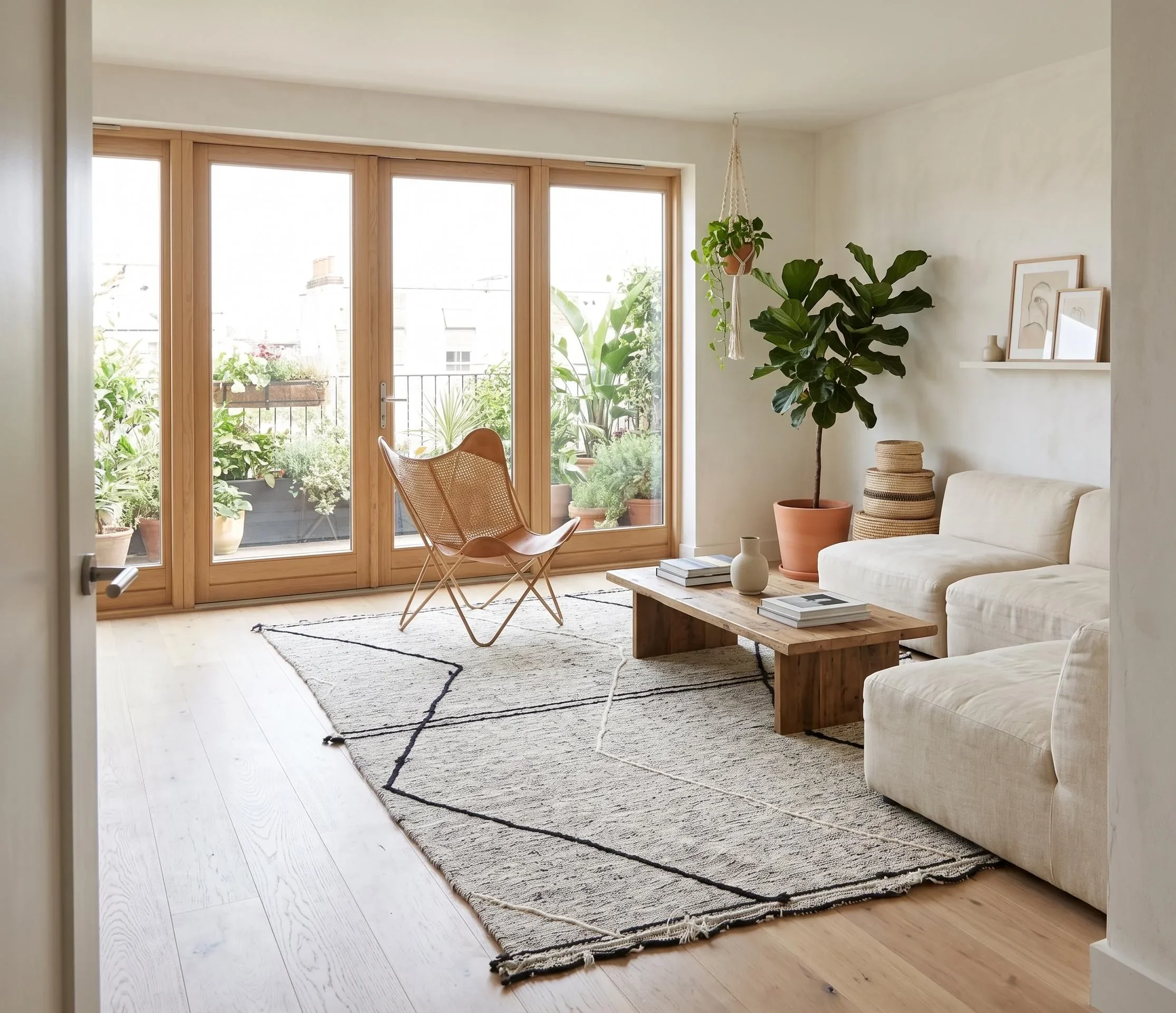 A cozy living room with large glass sliding doors opening to a balcony garden with various potted plants. The room features a beige sofa, a wooden coffee table with magazines, a large potted fiddle leaf fig tree, a hanging plant, and framed pictures 