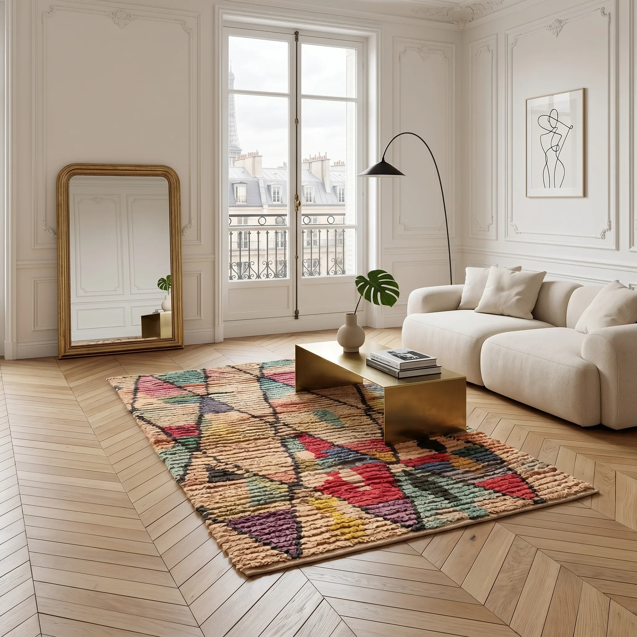 A corner of a living room with white walls featuring decorative molding, a large window with a view of Paris, a large gold-framed mirror leaning against the wall, a black floor lamp with a curved arm, a white sofa with a cushion, a stack of books on 