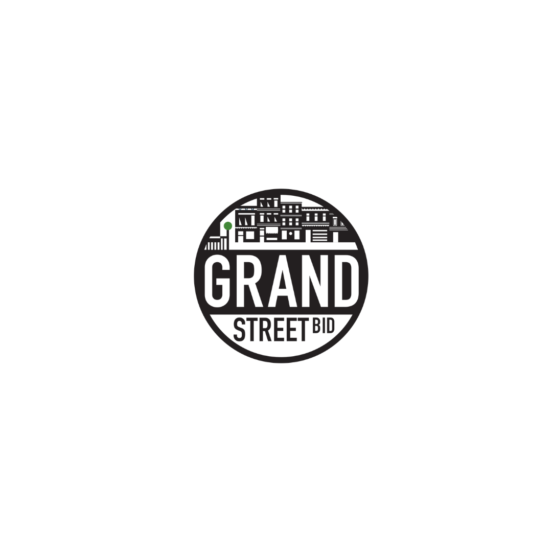 Dark background with a logo in the center reading 'Grand Street BID' and an illustration of a cityscape above it.