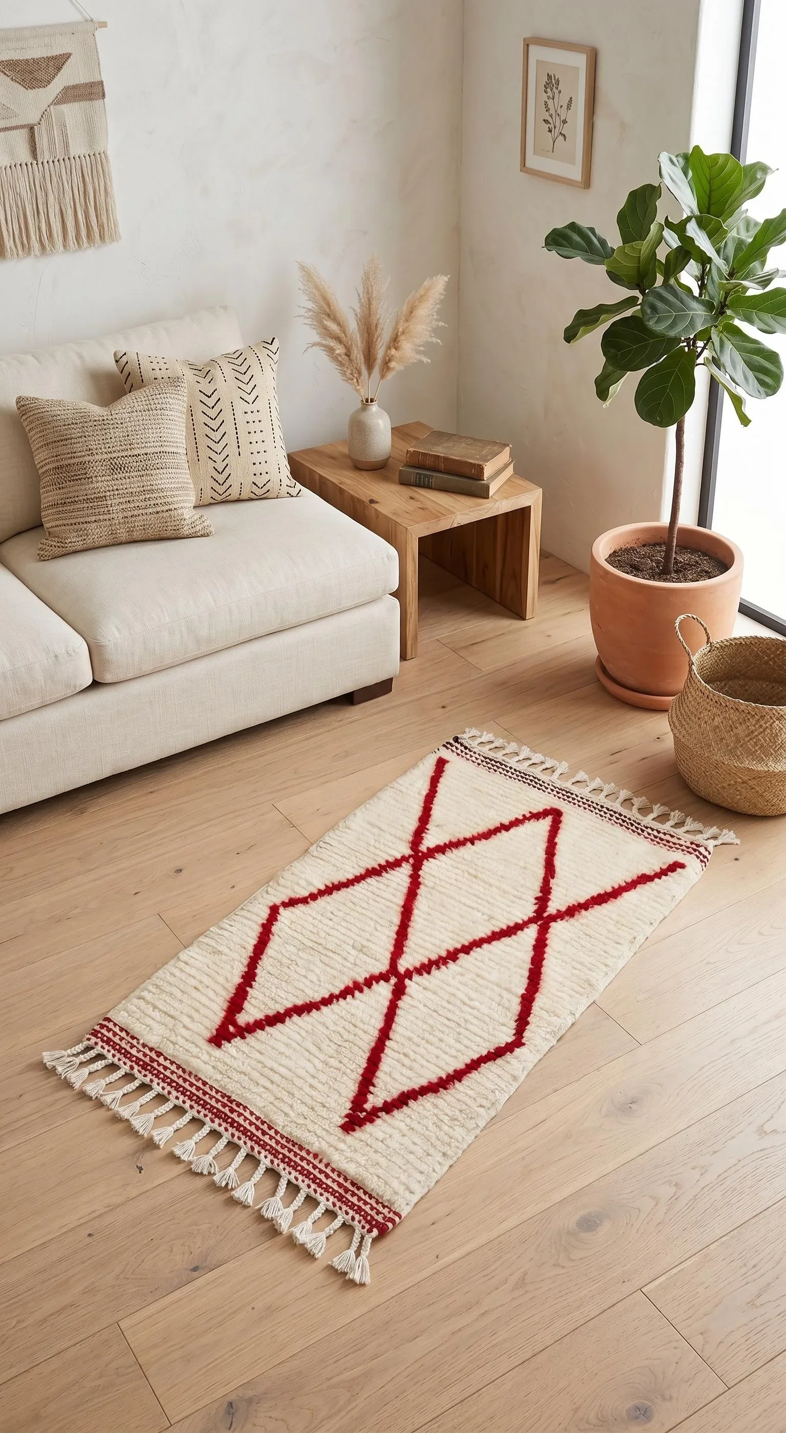 A cozy living room corner with a white sofa decorated with beige and black patterned pillows, a light wooden side table with books and a vase with pampas grass, a potted fiddle leaf fig plant, a red and white geometric patterned rug, framed botanical