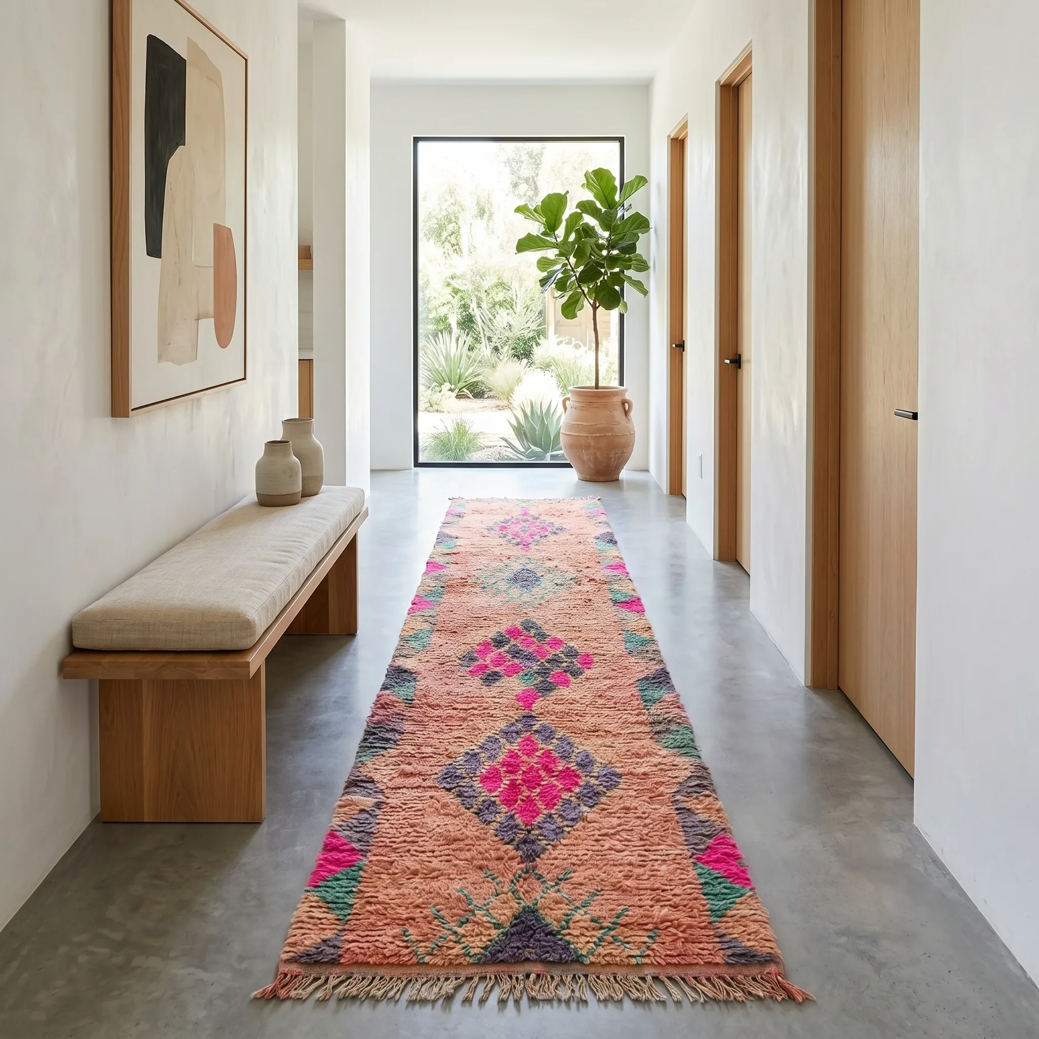 A hallway with wooden doorframes and a colorful Persian-style rug on a concrete floor. There are three vases on a bench on the left side, and a potted fiddle leaf fig plant at the end near a large window. The walls are painted off-white, and there is
