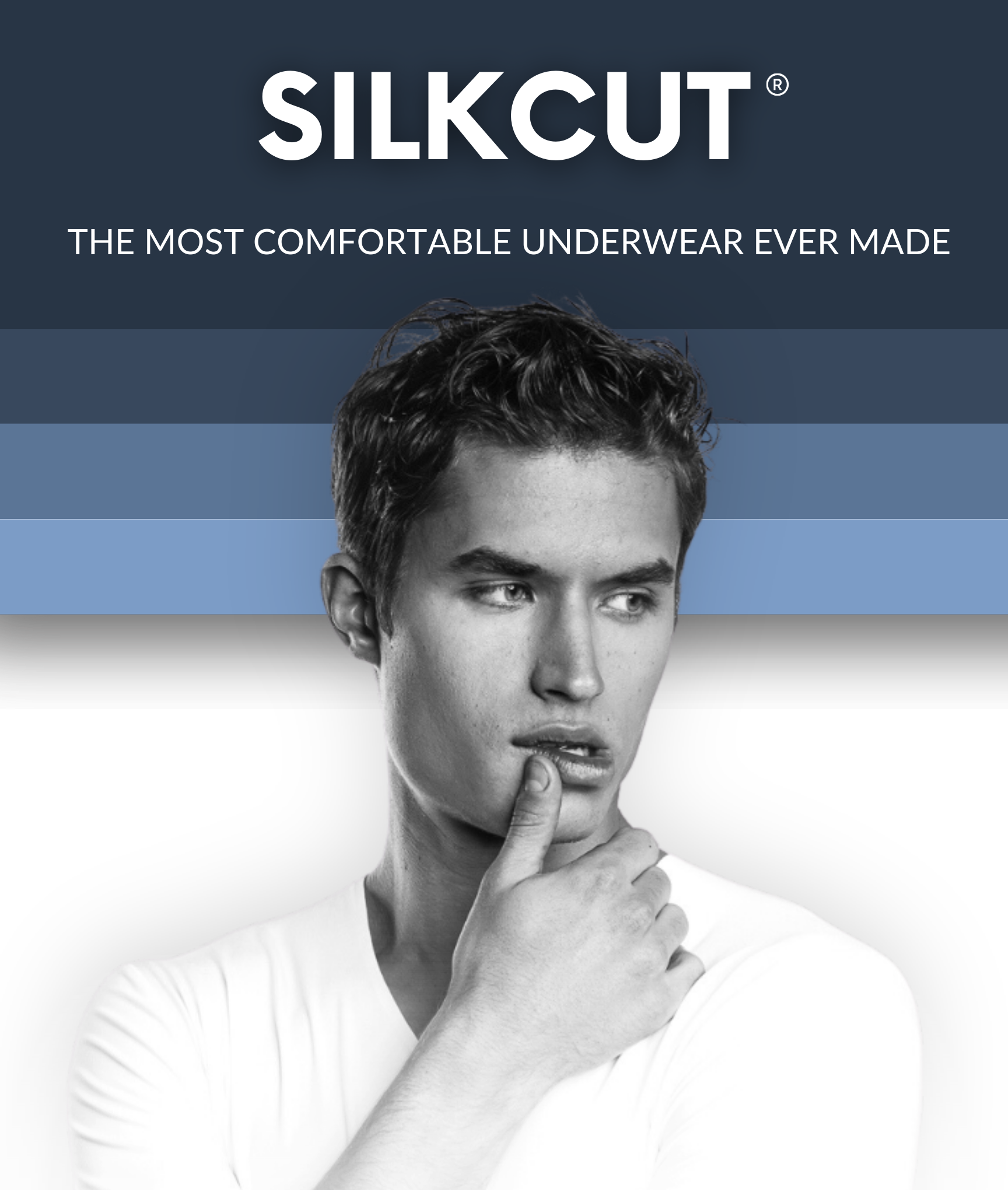 SilkCut magazine cover featuring a black and white photo of a woman with short hair, looking thoughtful with her finger on her lips, and the text "SilkCut" and "The most comfortable underwear ever made".
