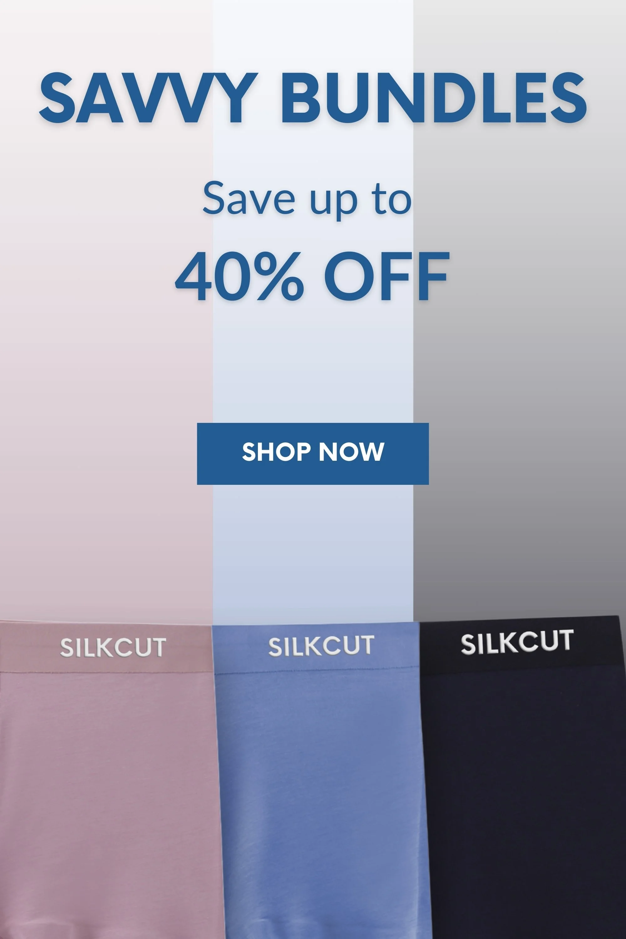 Advertisement for Savvy Bundles, offering up to 40% off, featuring SilkCut fabric in pink, blue, and black colors.