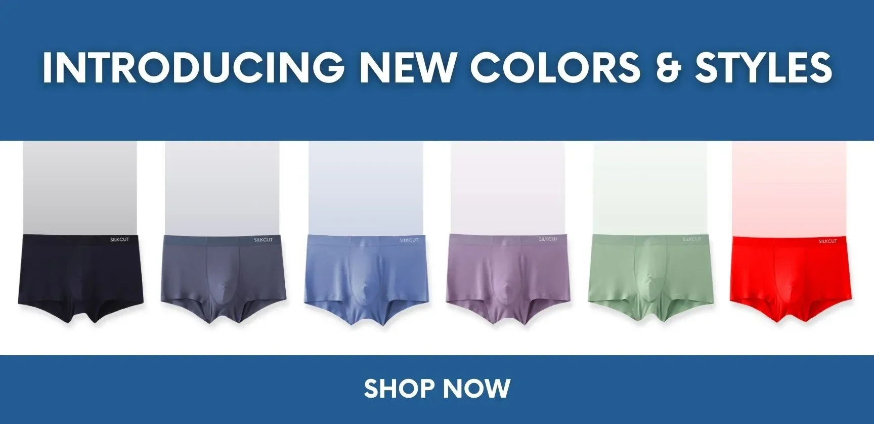 Advertisement for silk men's boxer briefs in multiple colors, with the headline 'Introducing New Colors & Styles' and a call to action 'Shop Now'.