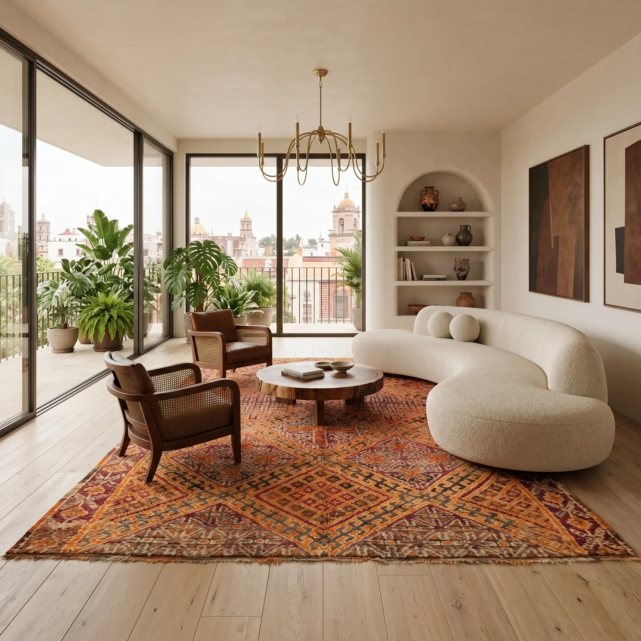 Interior of a modern living room with large windows, potted plants, a wooden coffee table, chairs, a white curved sofa, a Persian rug, wall art, and a bookshelf with decorative items, overlooking city rooftops and church domes.