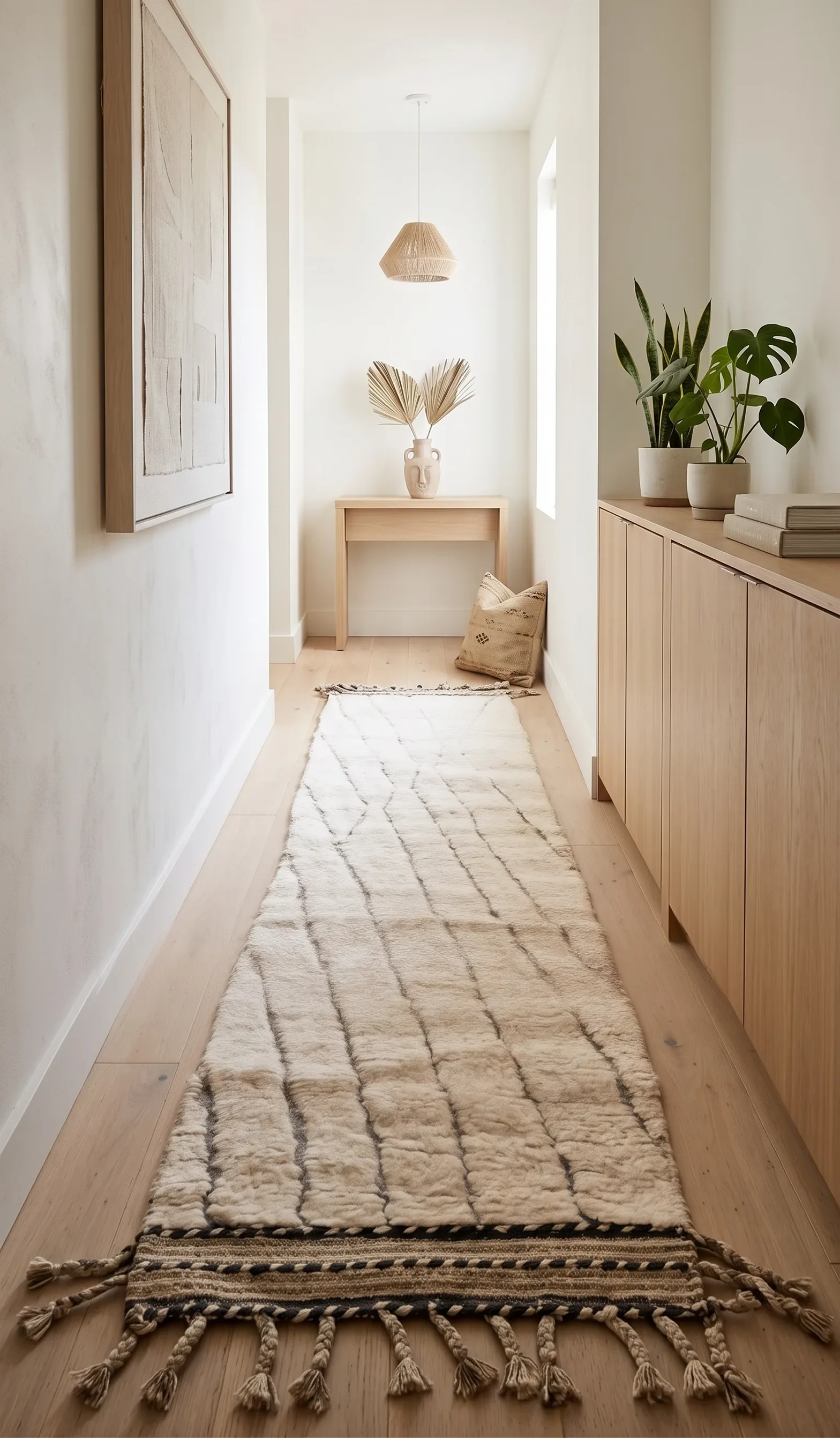 A narrow hallway with light wooden flooring, a cream-colored rug with a diamond pattern, and minimal decor including a beige wall, a framed artwork, a wooden sideboard with potted plants, and a small wooden table with a decorative vase and dried leav