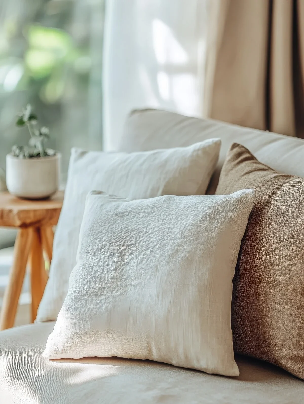 A close-up of a neutral-toned sofa with white linen and beige cushions, a small wooden side table, and a potted plant in soft natural light.