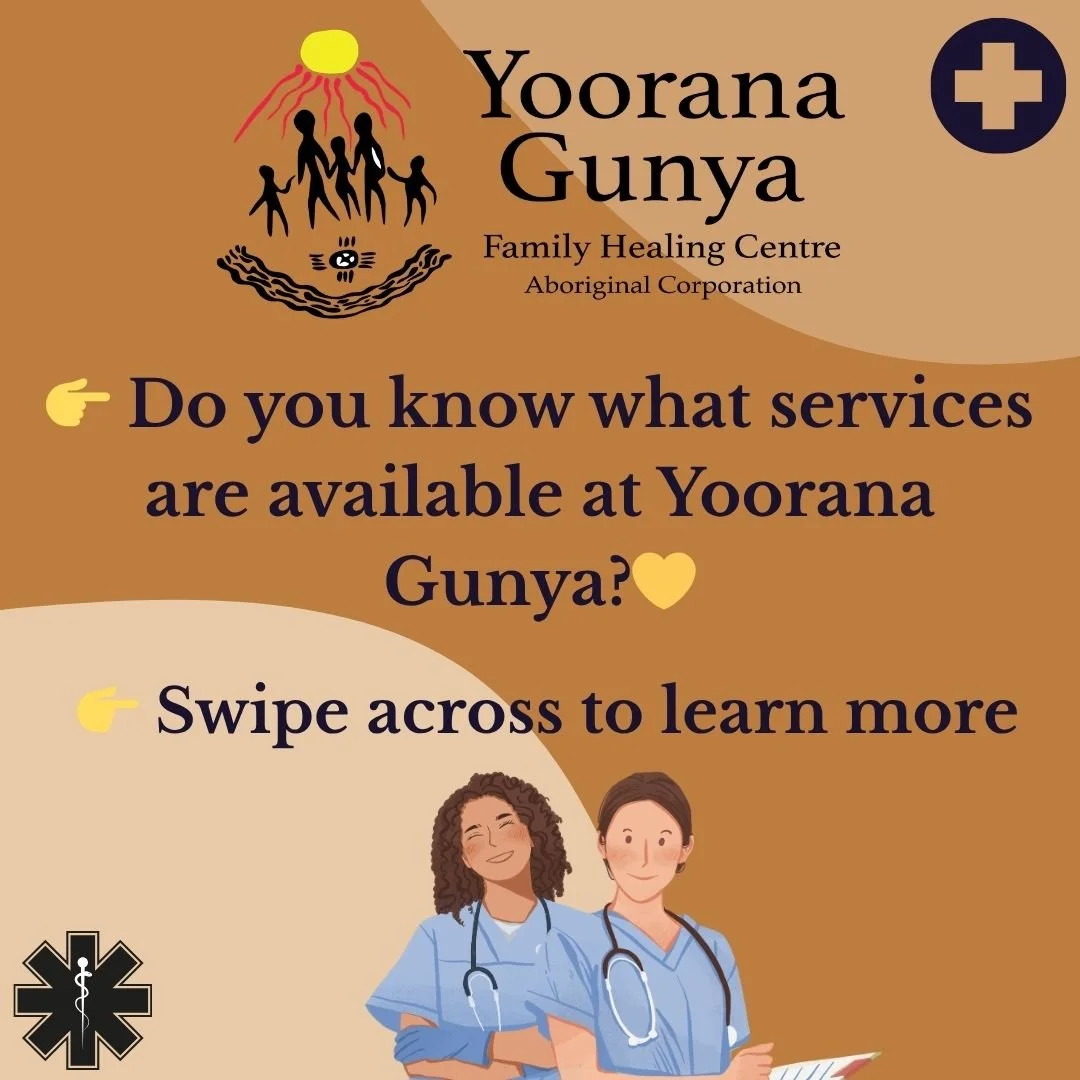 💛 Do you know everything Yoorana Gunya can support you and your family with? 

We provide a wide range of holistic health and community services, all in one place &mdash; designed to support mob and community at every stage of life.

Our services in