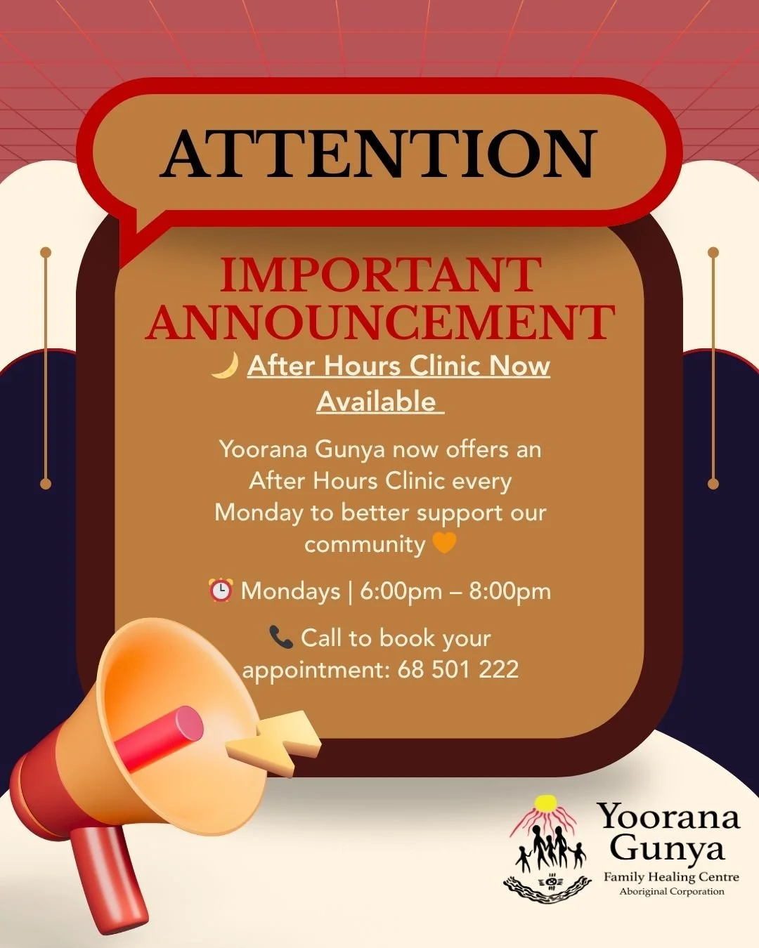 🌙 After Hours Clinic Now Available at Yoorana Gunya 💛

We know life gets busy &mdash; work, family, school, and everyday commitments can make it hard to get to appointments during the day.

To better support our mob and community, Yoorana Gunya now
