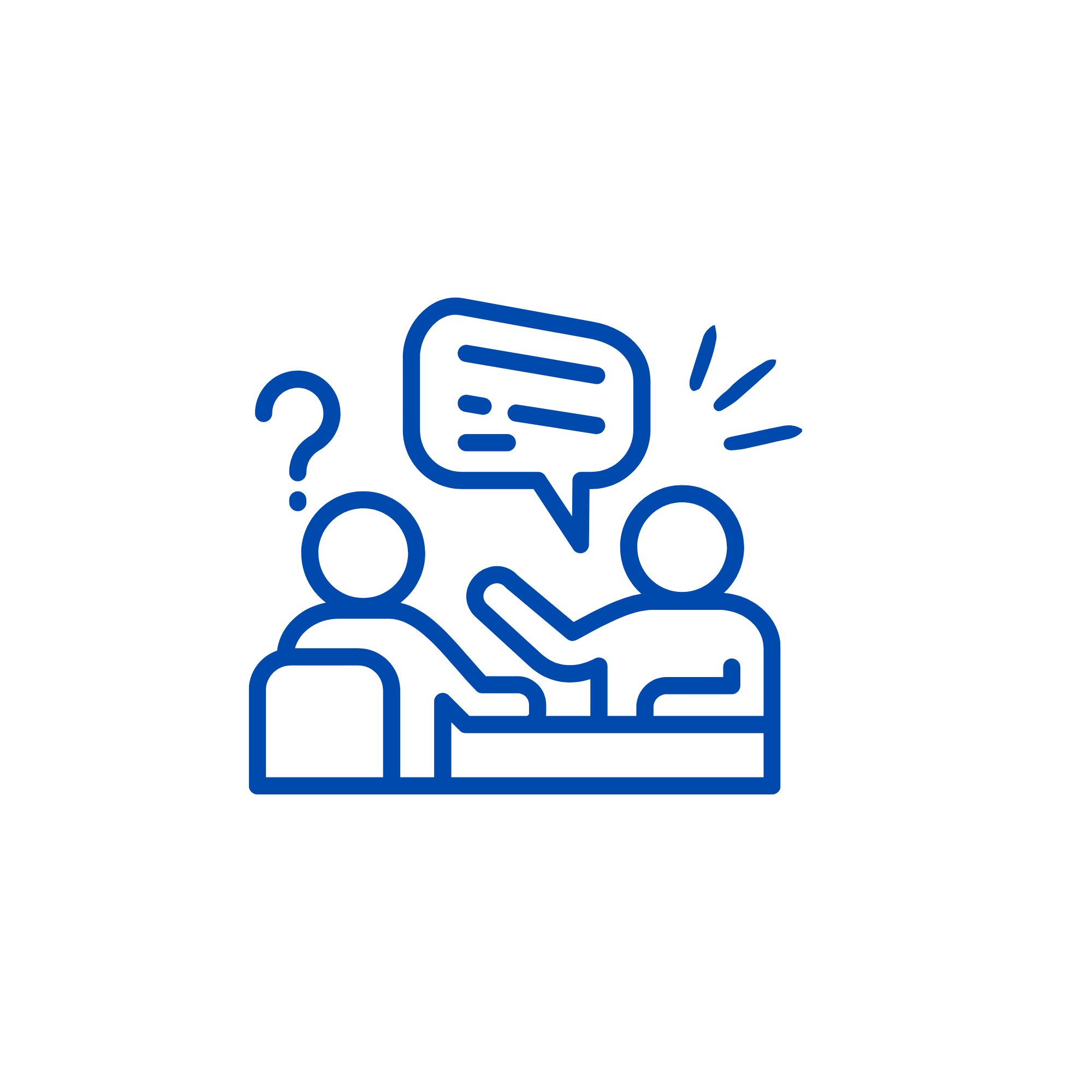 Two people sitting and talking, one person appears confused with a question mark, the other is explaining with a speech bubble, blue outline on black background.