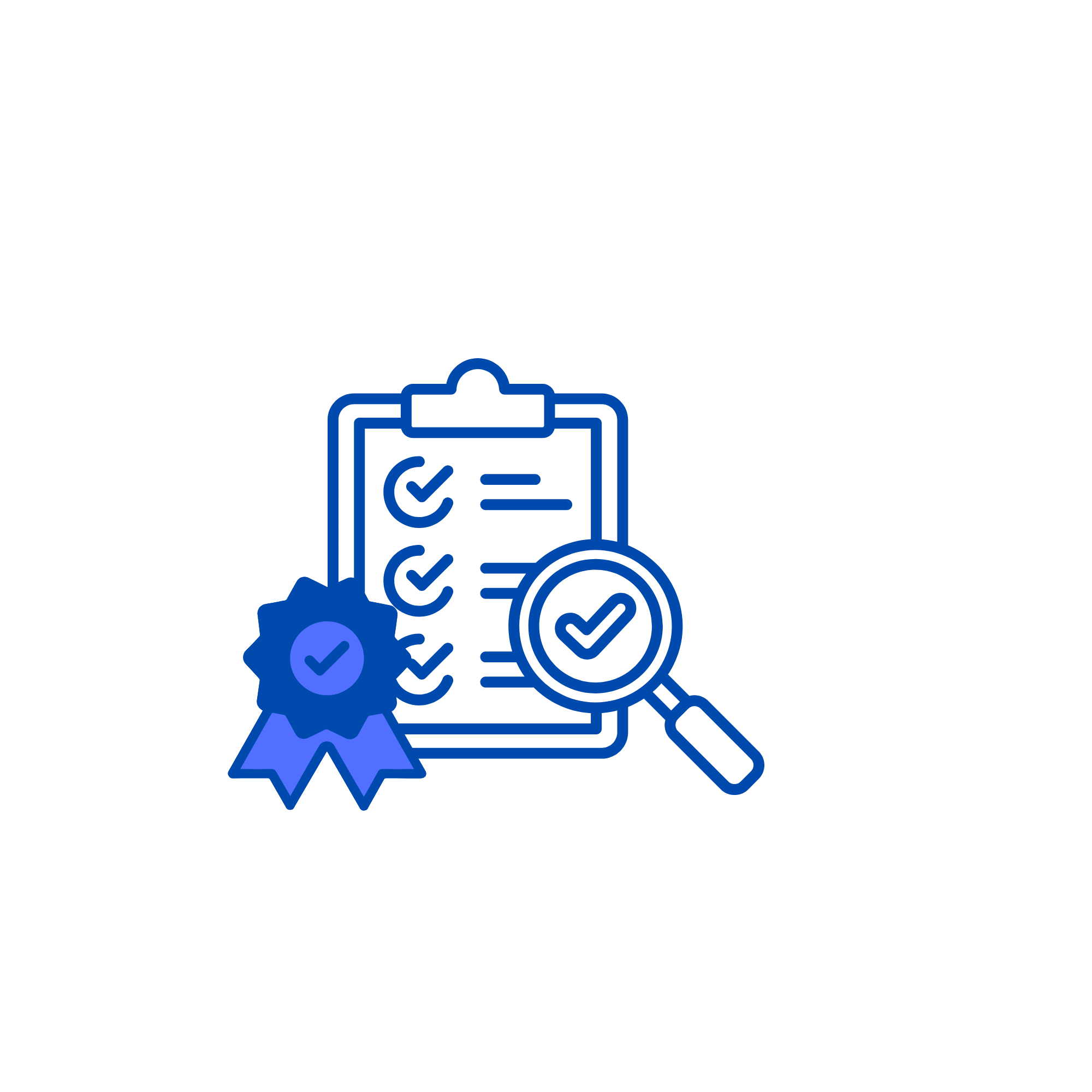 Icon of a checklist on a clipboard with a blue badge and a magnifying glass.