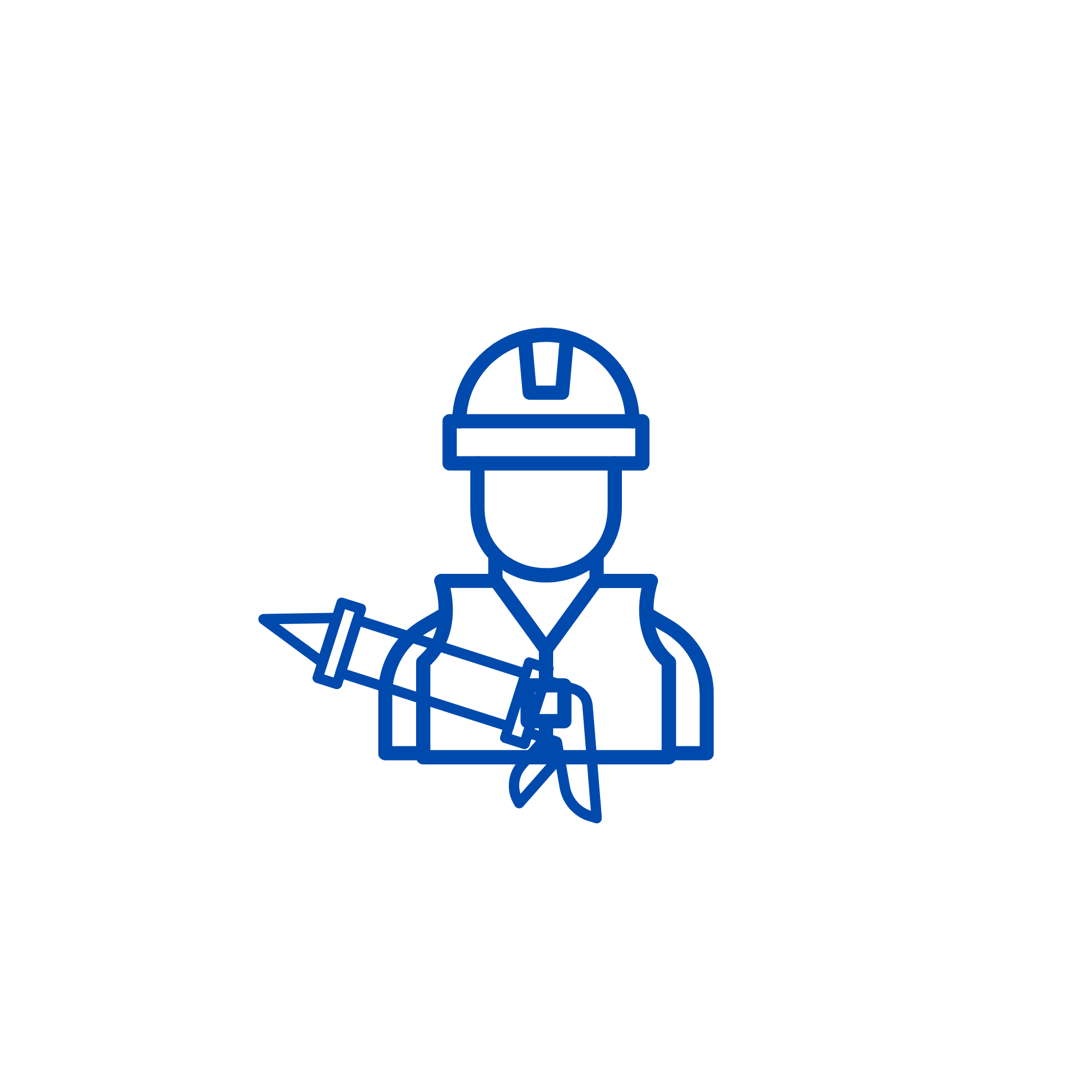 Line art illustration of a construction worker wearing a hard hat and holding a wrench.
