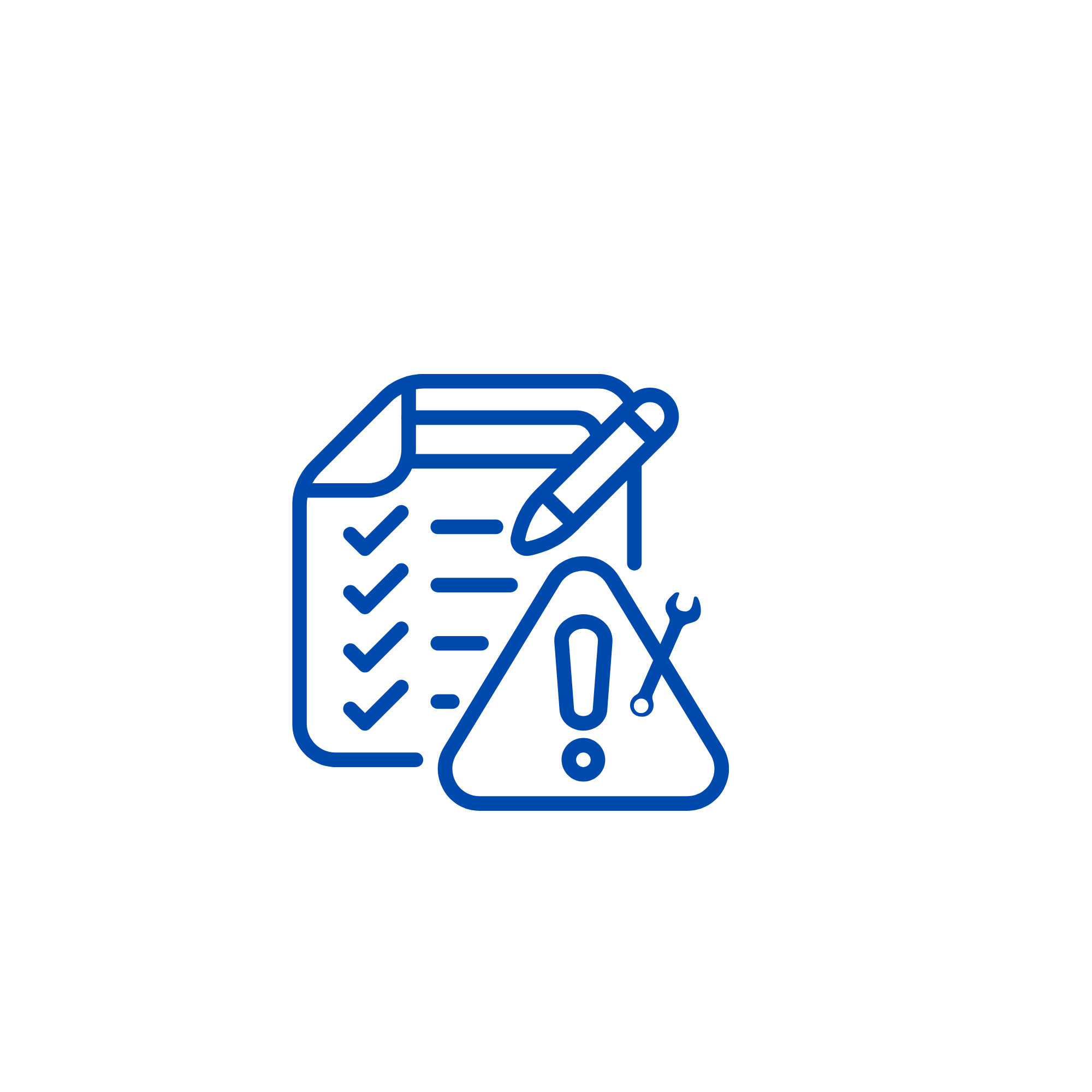 An icon of a checklist, a warning triangle with an exclamation mark, and a warning tools symbol, all in blue, on a black background.