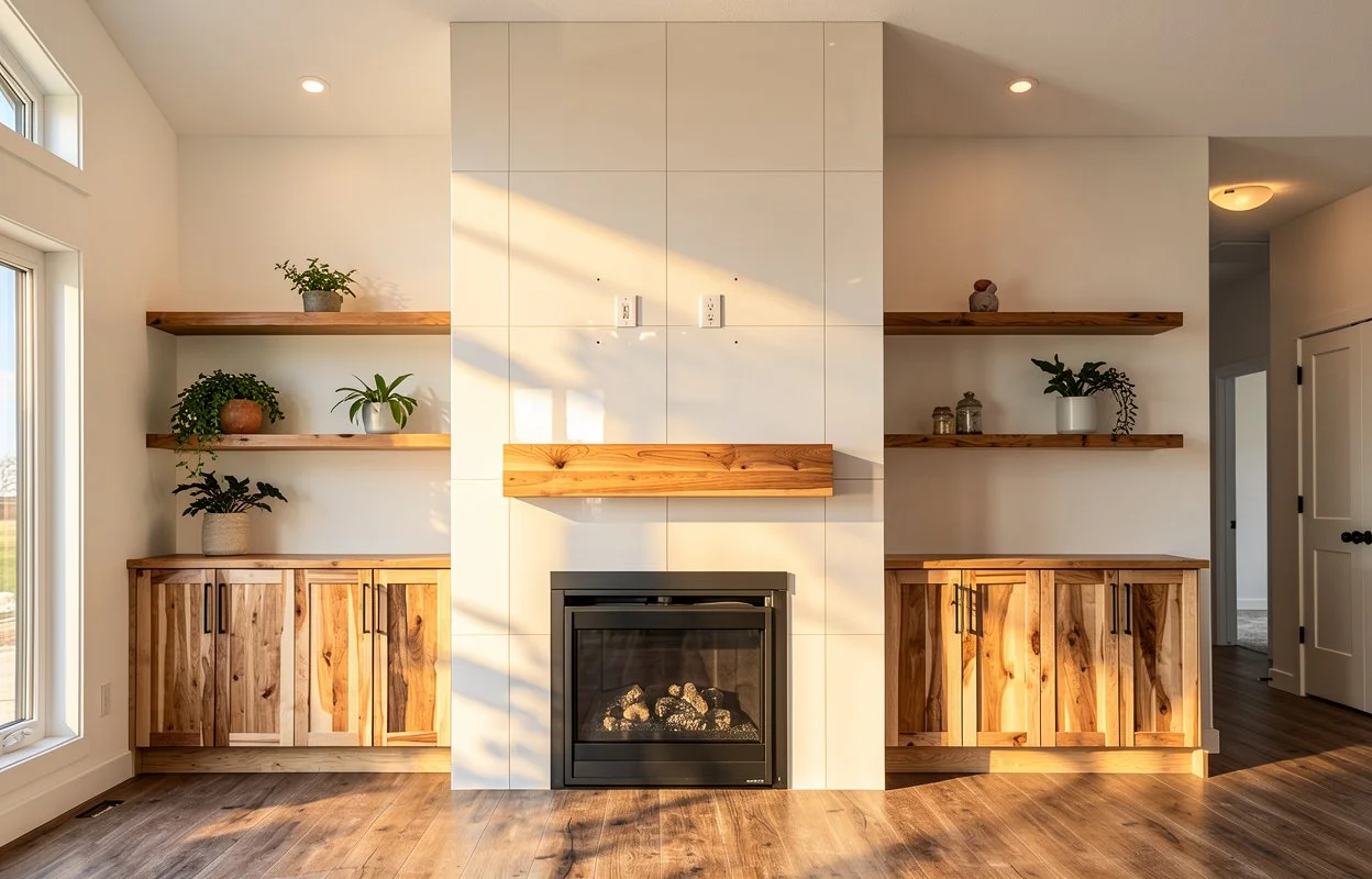 Living room with a central fireplace and wooden cabinetry, open shelving with decorative plants and jars, sunlight streaming in, hardwood floors, and a white door to the right.