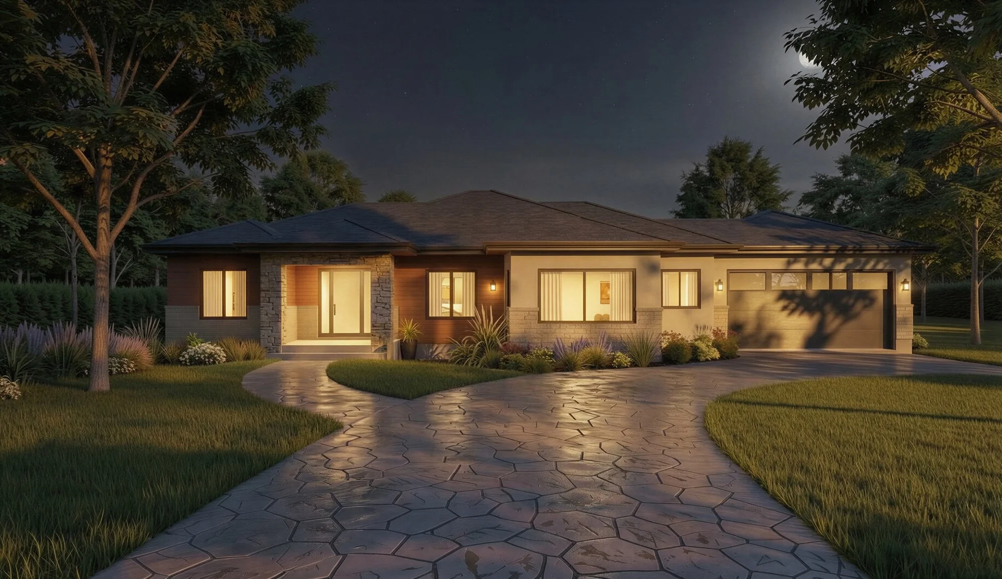 A 3D render of a single-story house design at night, designed by Offset Design + Drafting.