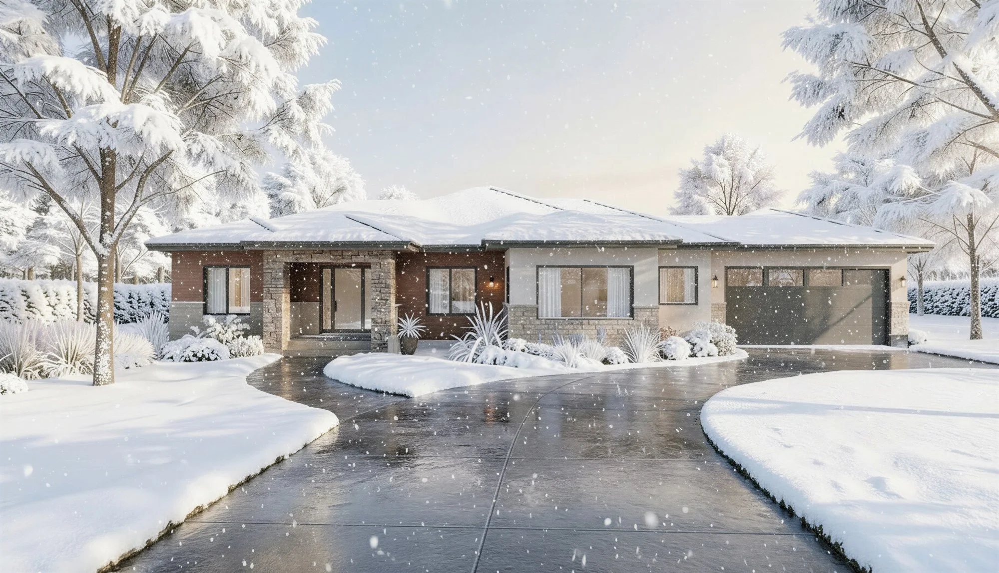 A 3D render of a snow-covered single-story house design in winter, designed by Offset Design + Drafting.