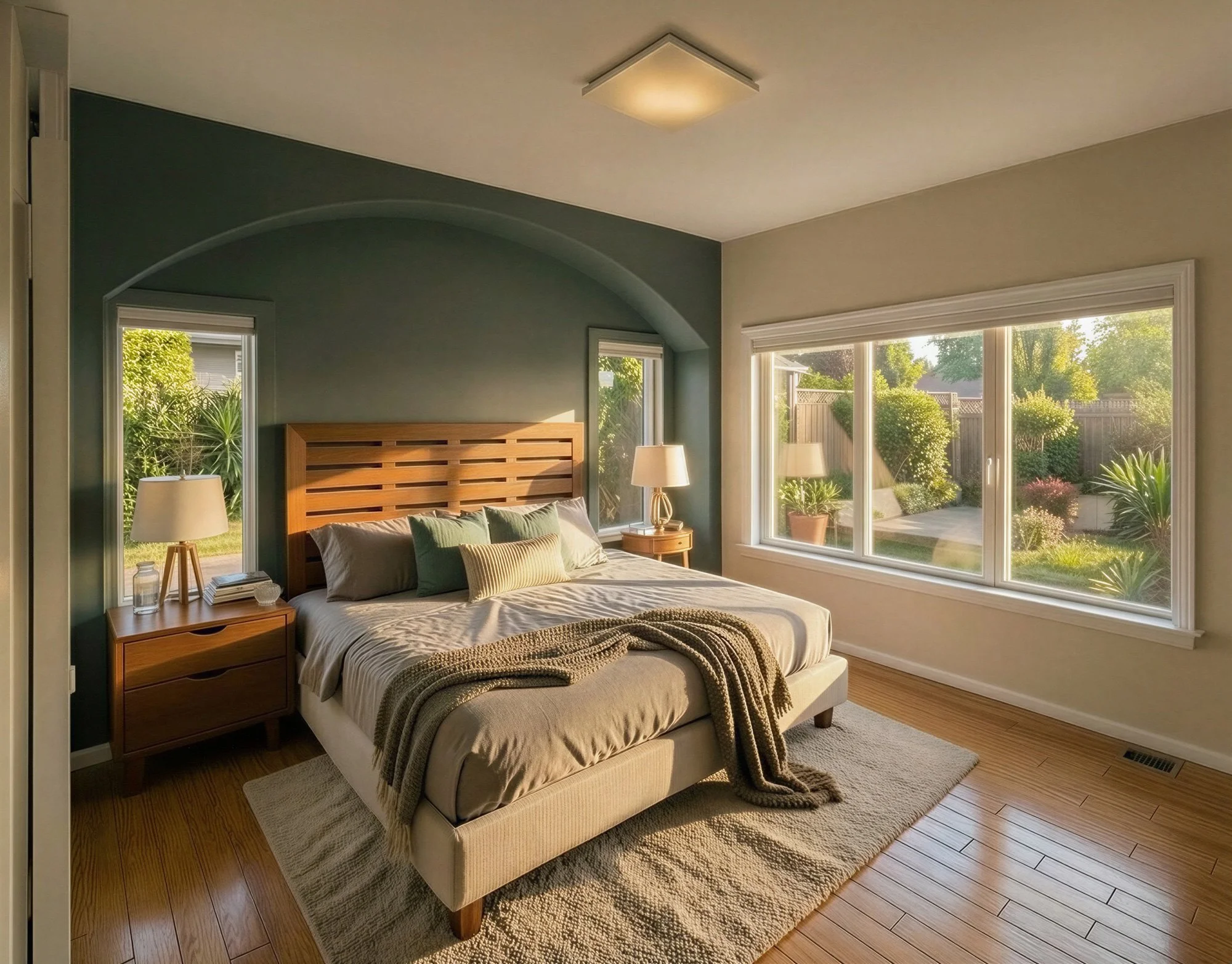 Sunlit bedroom with large window showing a garden. The bed has a wooden headboard, green and beige pillows, and a beige blanket. Two wooden nightstands with lamps and decorative items flank the bed. Hardwood floor with a beige rug.