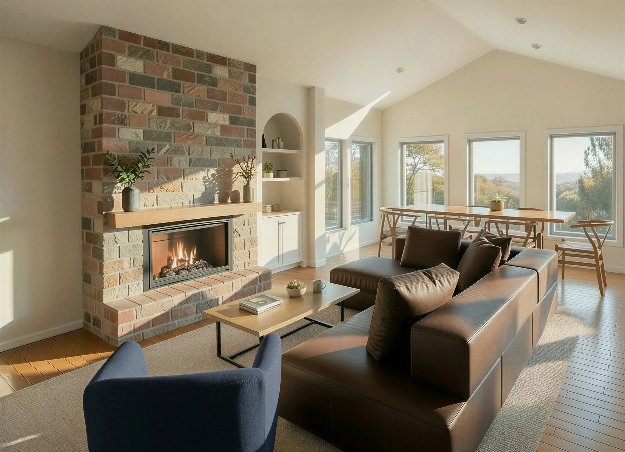 3D render of a modern spacious living room, designed by Offset Design + Drafting.