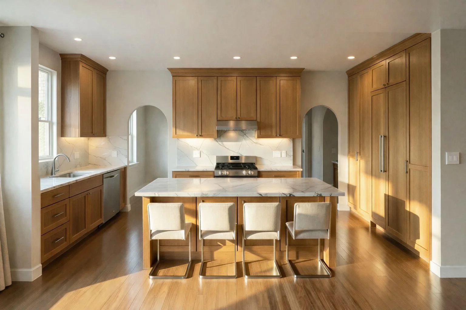 Modern kitchen with wooden cabinets, marble island, stainless steel appliances, and four beige chairs
