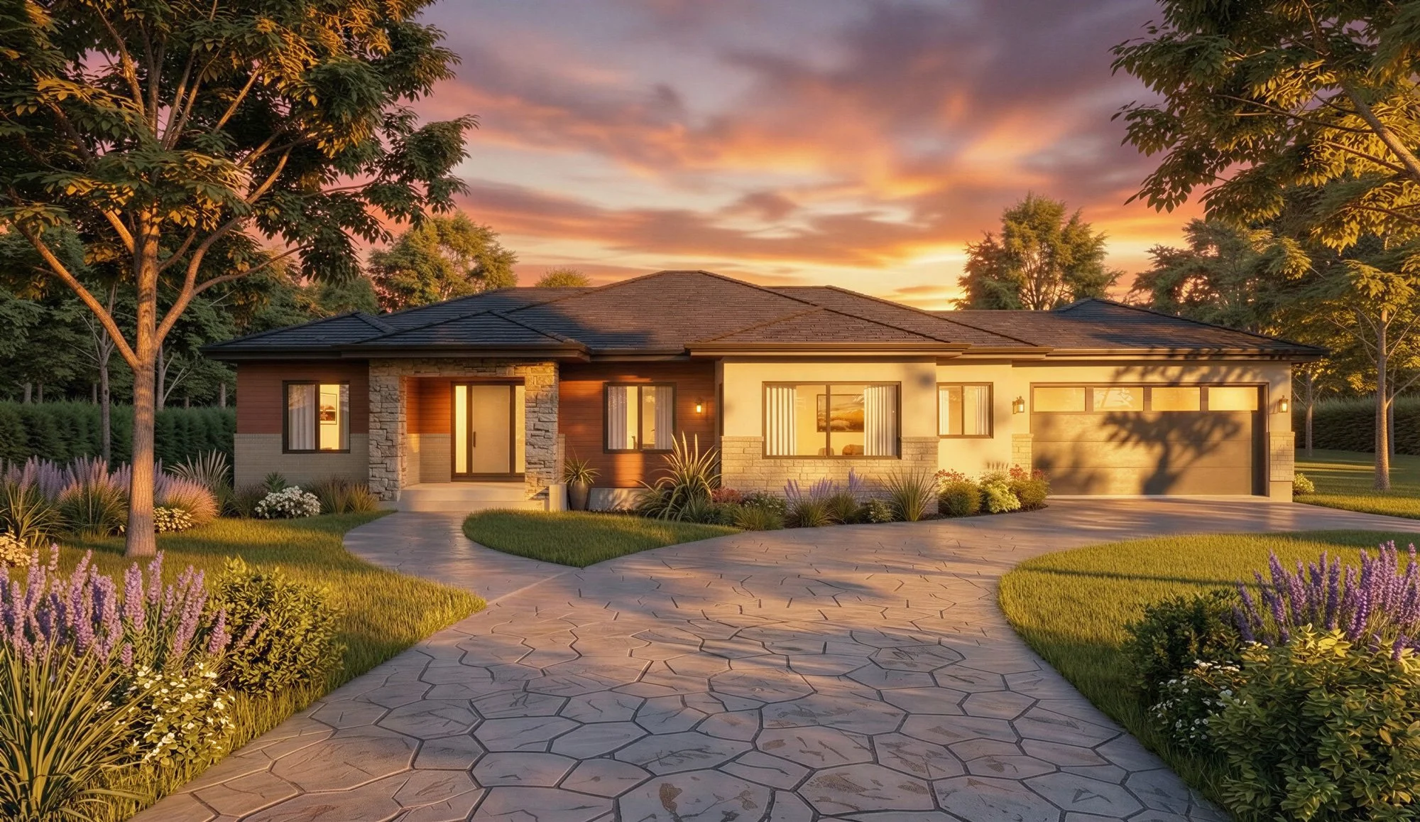 Single-story house with stone and wood exterior, front lawn with landscaped garden and flower beds, paved walkway, garage on the right, trees and sunset sky in the background.
