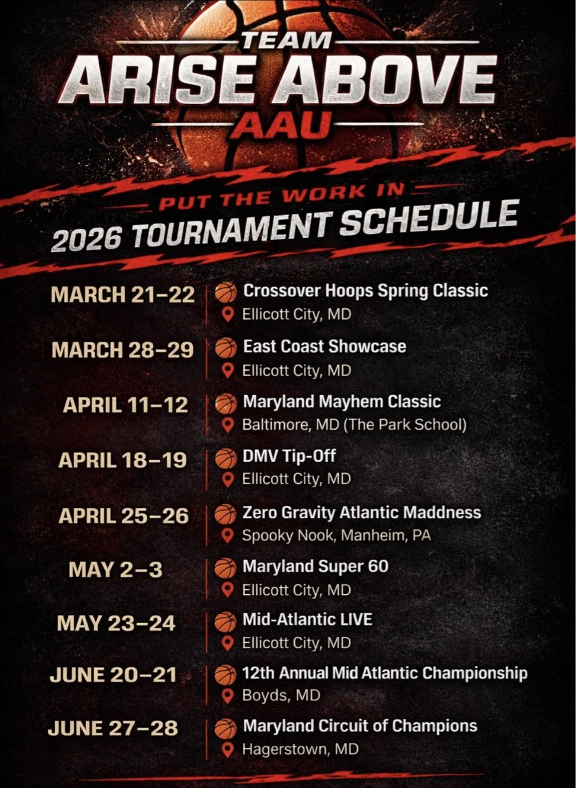 Arise Above 2026 Tournament Schedule