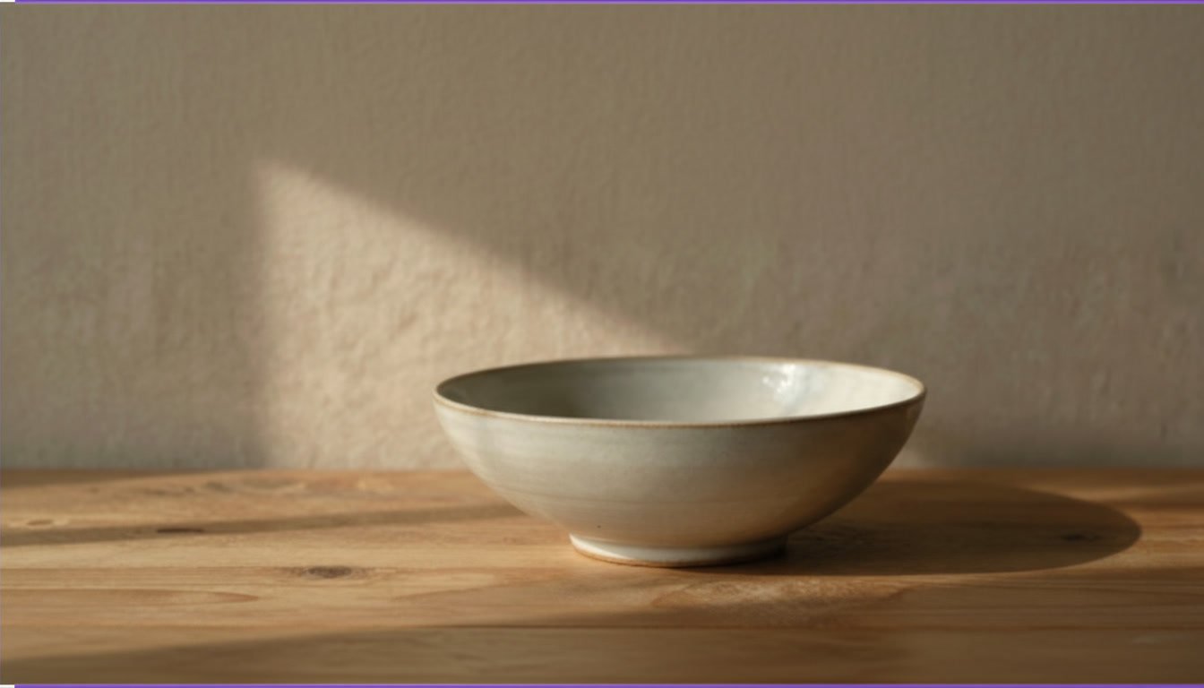 A simple, empty ceramic bowl on a wooden surface with sunlight casting a shadow.