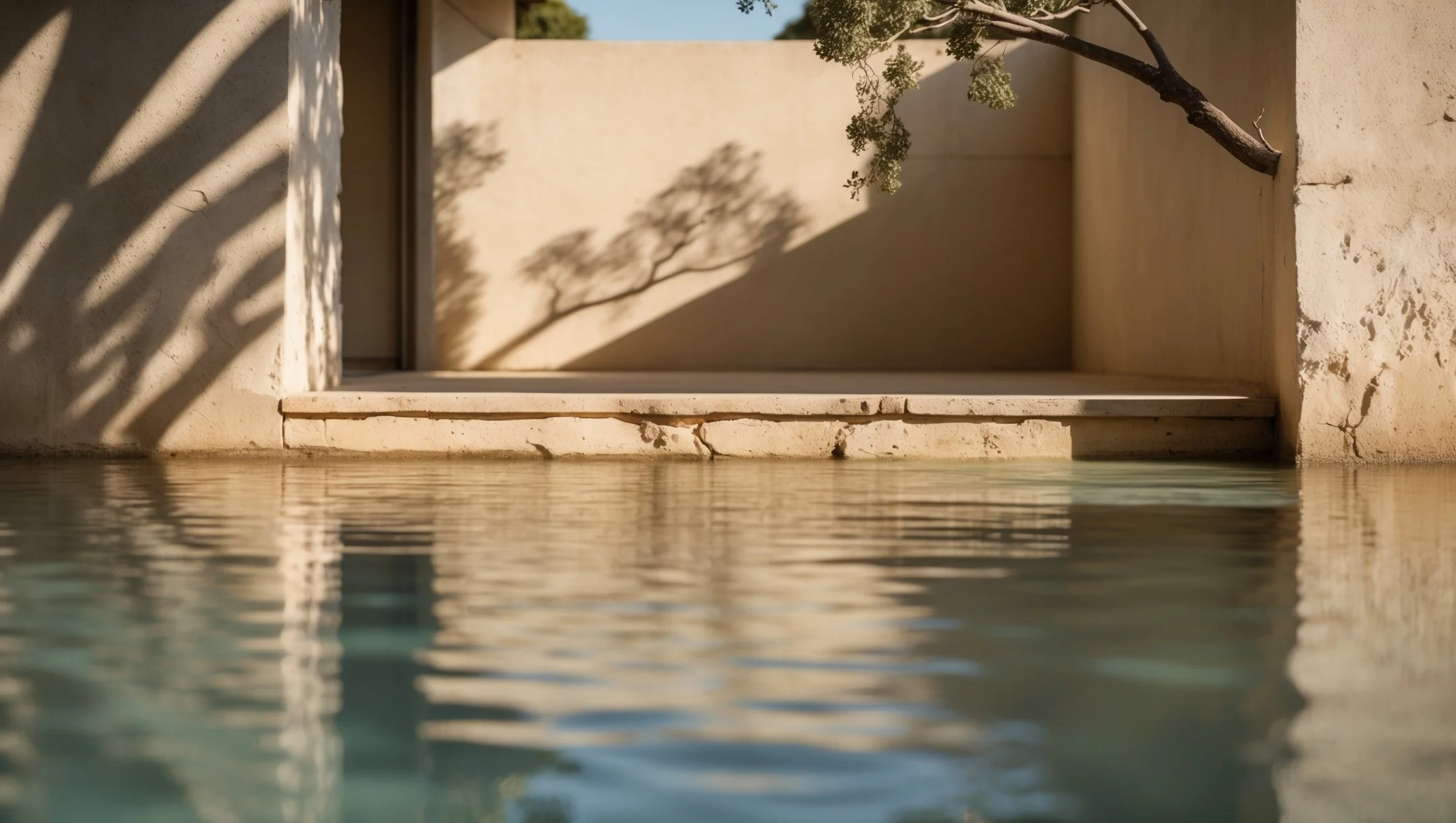 A view from water level showing a stone pool ledge with a tree and shadow cast on a beige wall in the background.