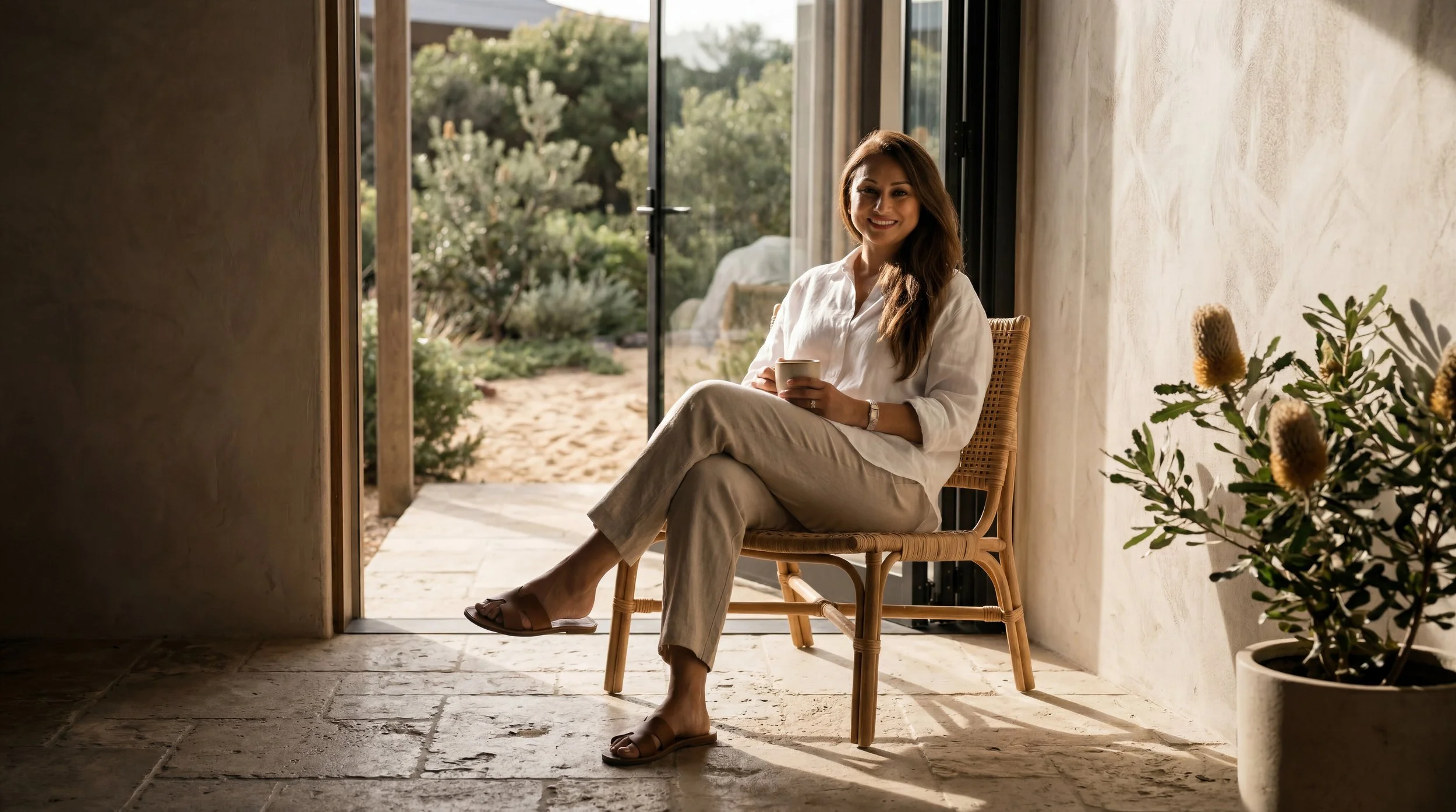 A woman with long brown hair, wearing a white shirt and beige pants, is sitting on a wicker chair, smiling and holding a cup, inside a home with large glass doors leading outdoors.