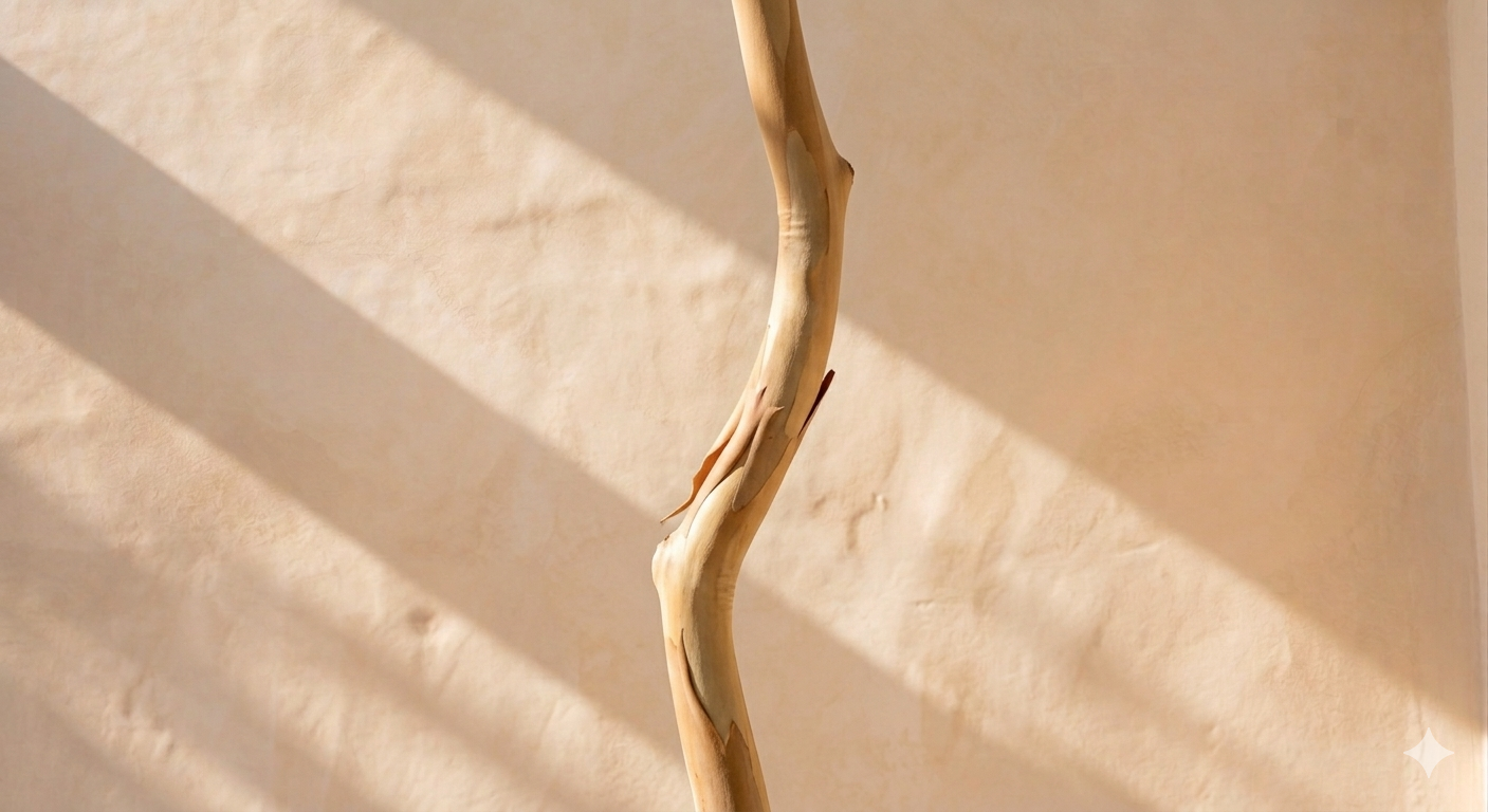 A twisted piece of driftwood against a beige textured wall with diagonal shadows